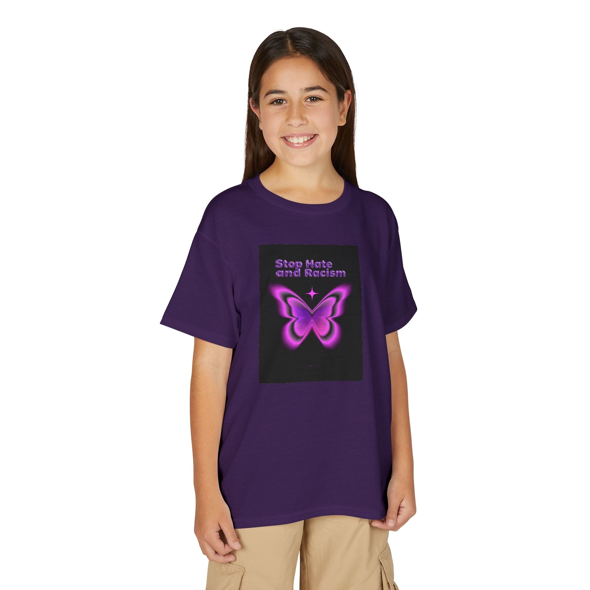 Youth T-Shirt — "Stop Hate and Racism" Pink Butterfly Anti-Racism Tee