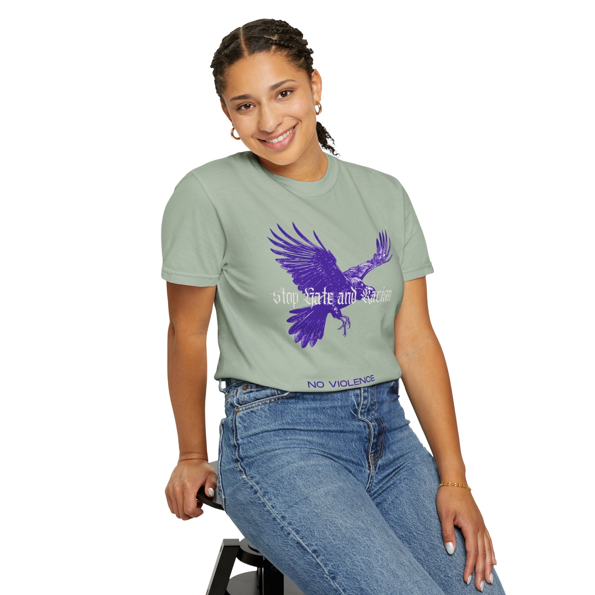 No Violence Raven T-Shirt — Purple Flying Crow Graphic Tee