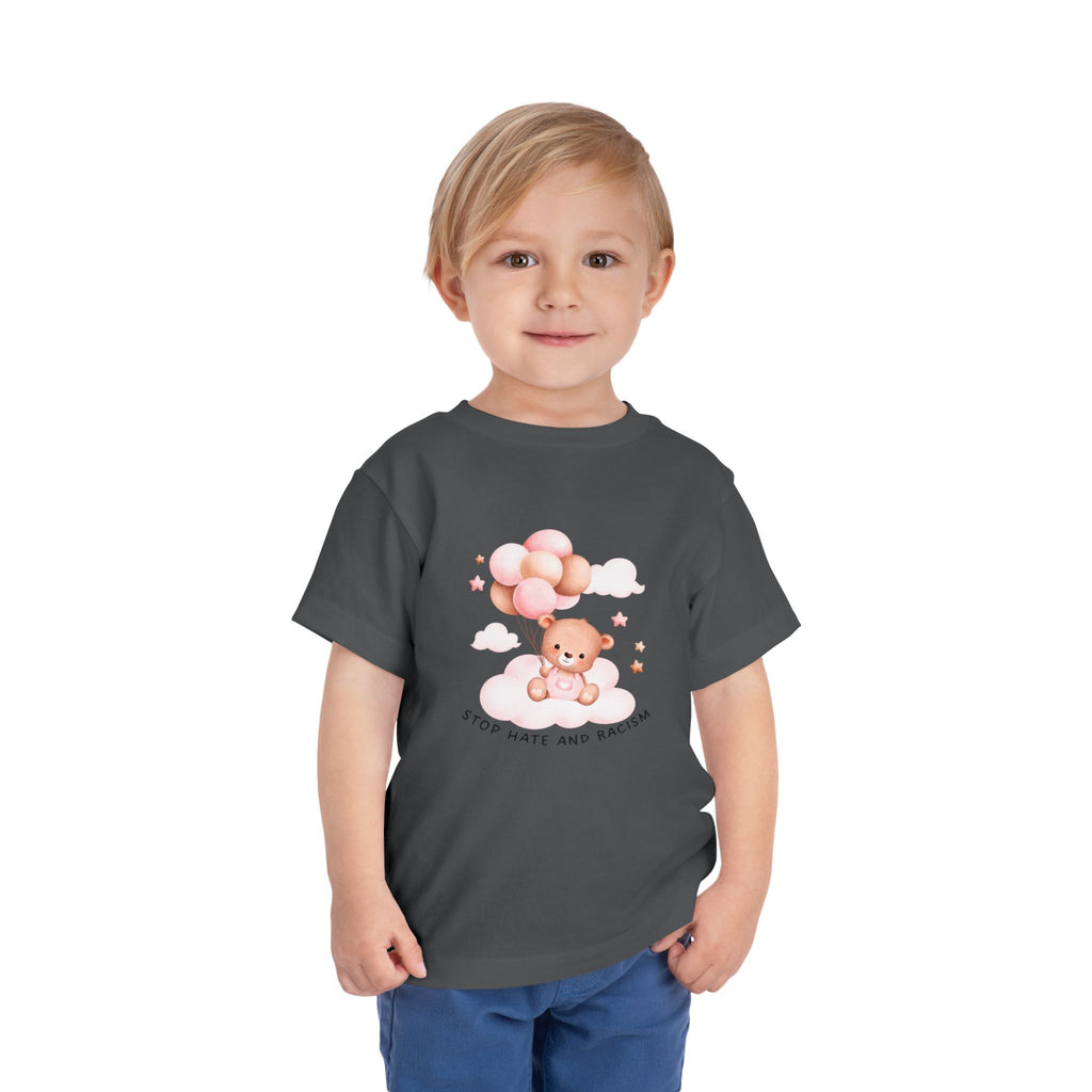 Toddler Tee — Cute Teddy with Balloons “Stop Hate and Racism”