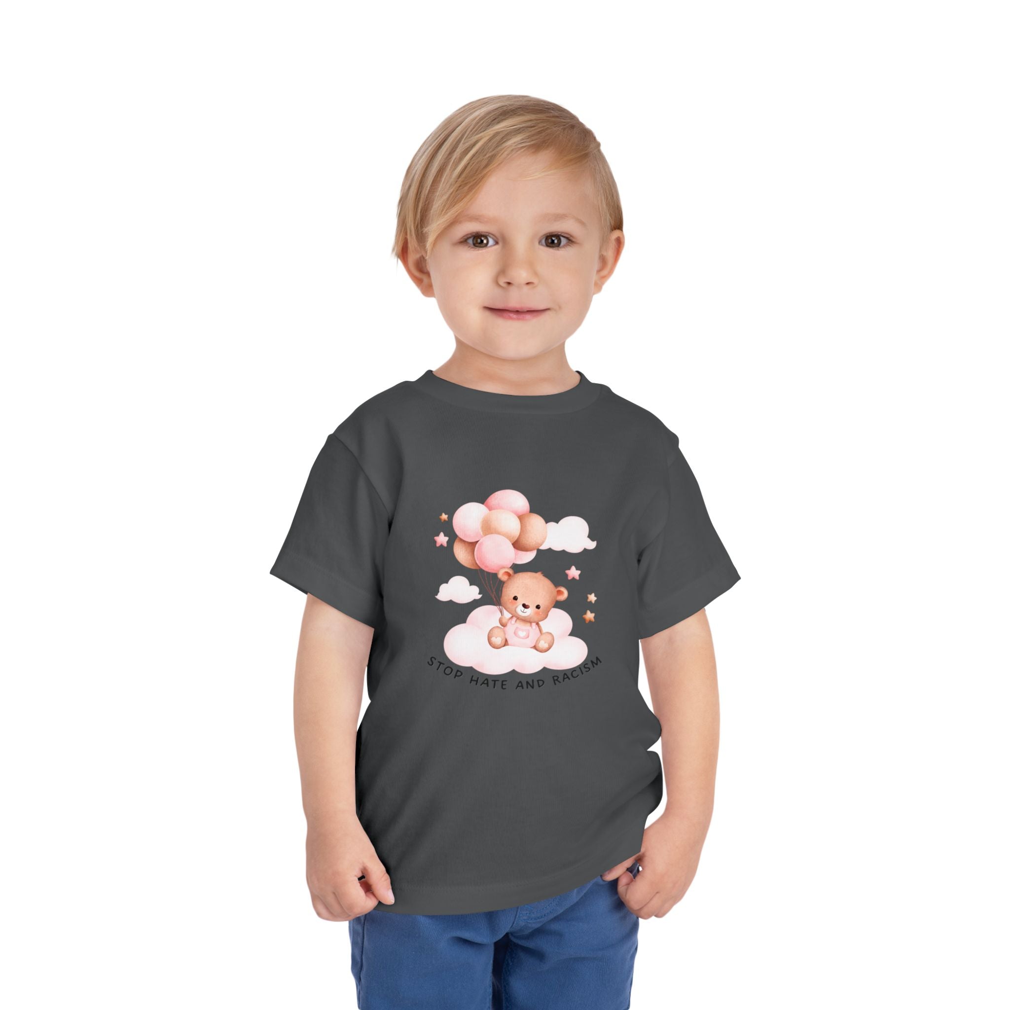 Toddler Tee — Cute Teddy with Balloons “Stop Hate and Racism”