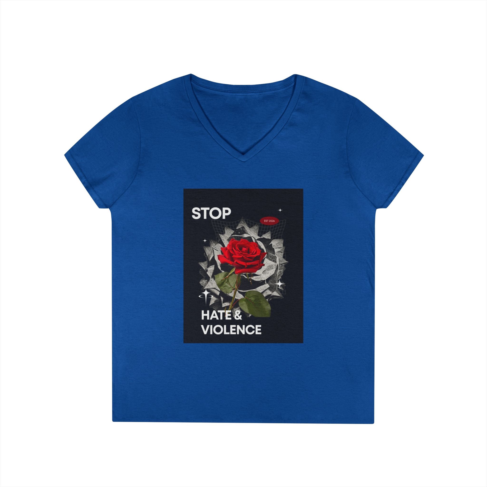 Stop Hate & Violence Women's V-Neck T-Shirt — Red Rose Peace Graphic Tee