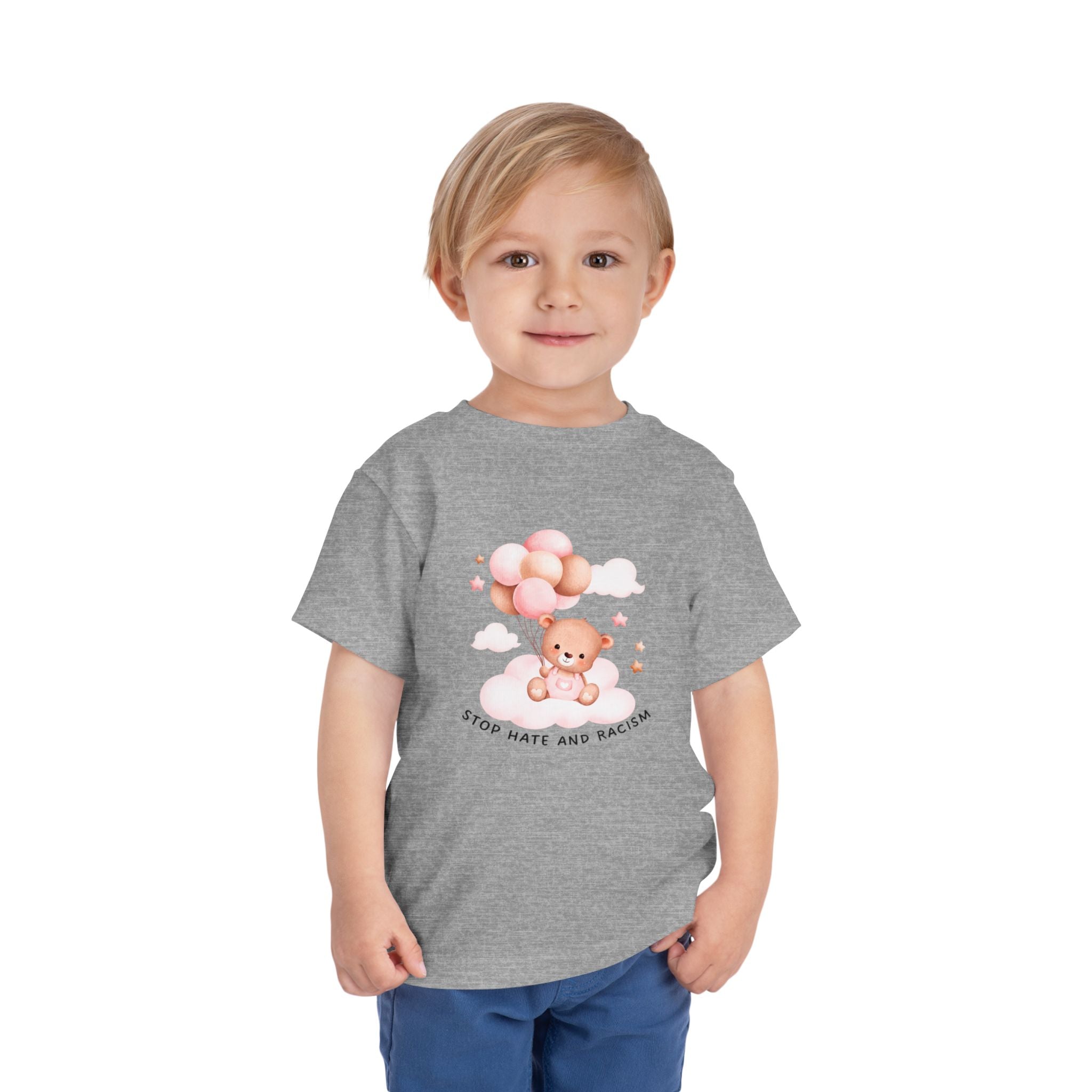 Toddler Tee — Cute Teddy with Balloons “Stop Hate and Racism”
