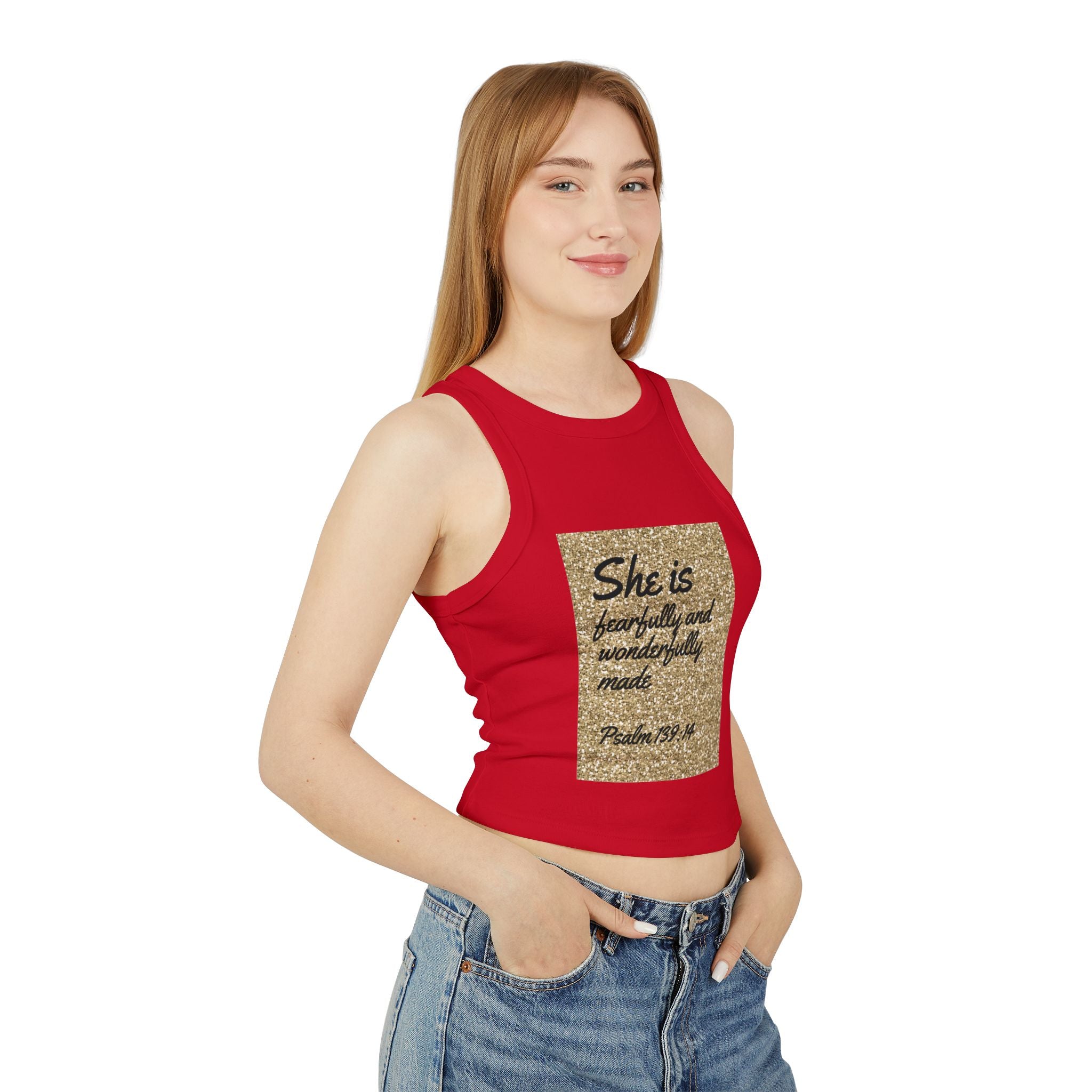 Racer Tank — "She is fearfully and wonderfully made" Gold Psalm 139:14 Inspirational Tank