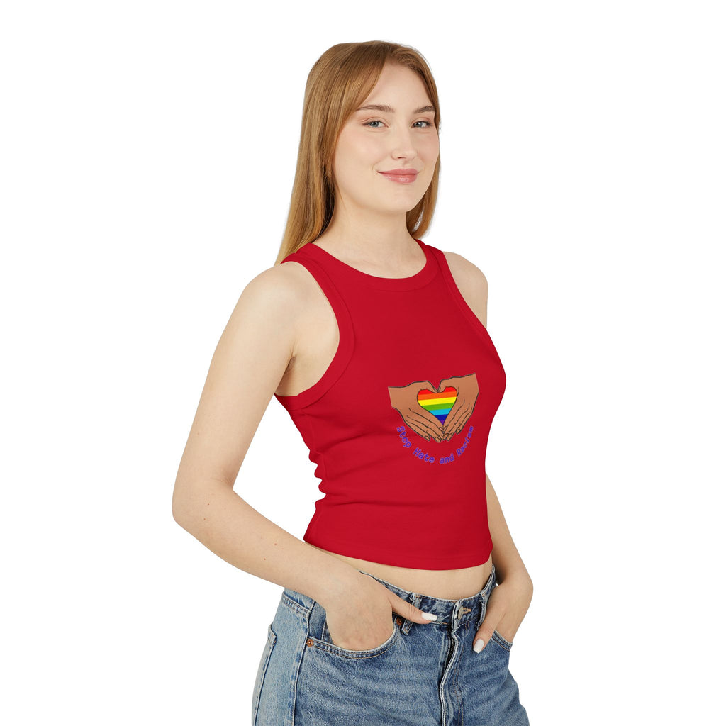 Racer Tank - Rainbow Heart Hands “Love Wins and Hugs” Pride Crop Top