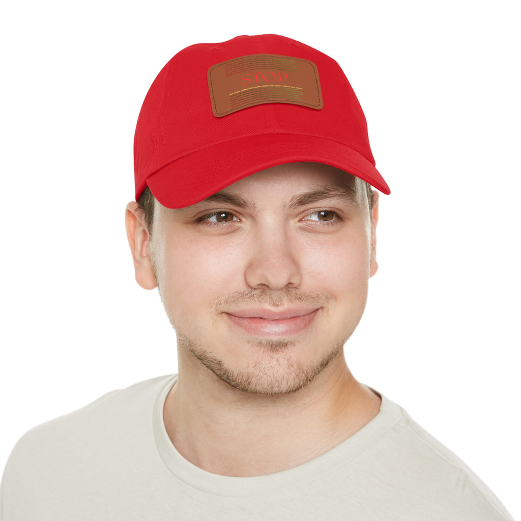 Leather Patch Dad Hat — 'STOP' Embossed Casual Baseball Cap