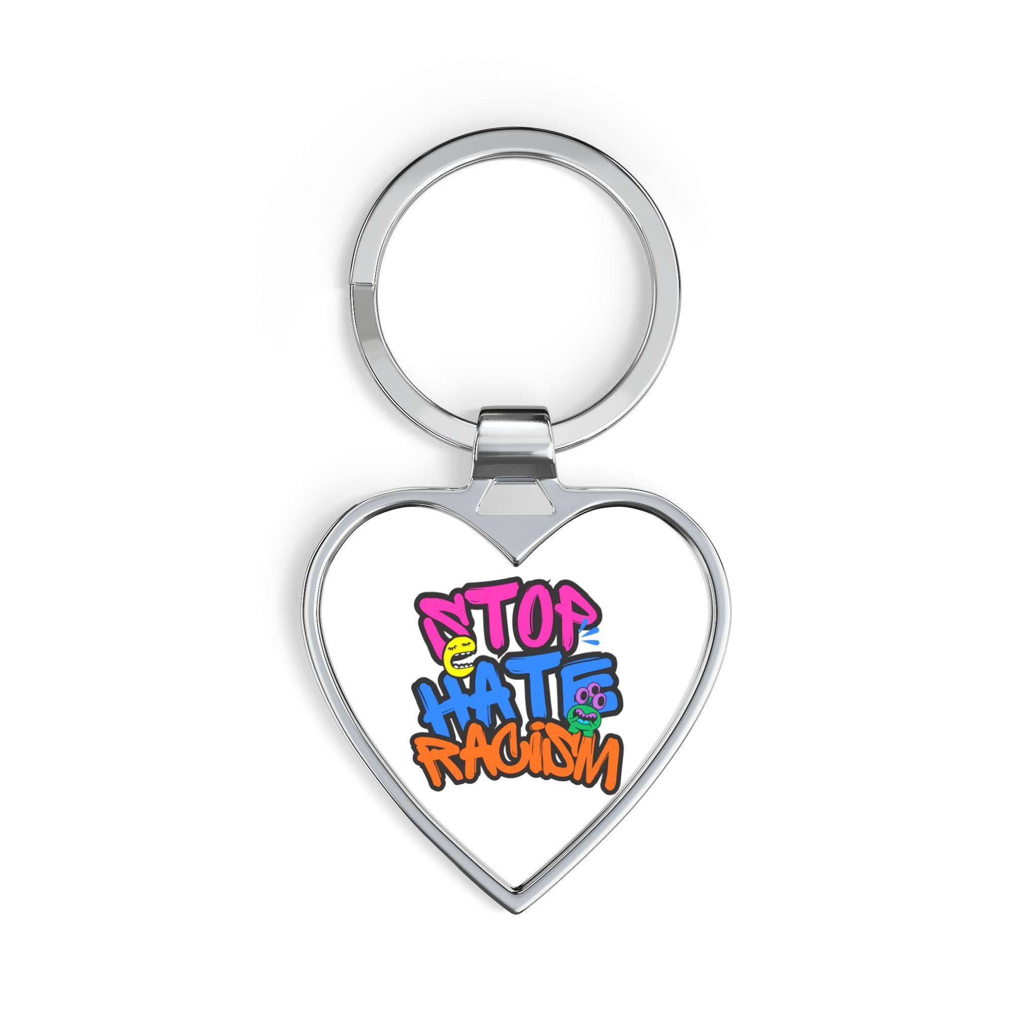 Heart Keychain — "Stop Hate, Racism" Graffiti Anti-Racism Metal Keyring