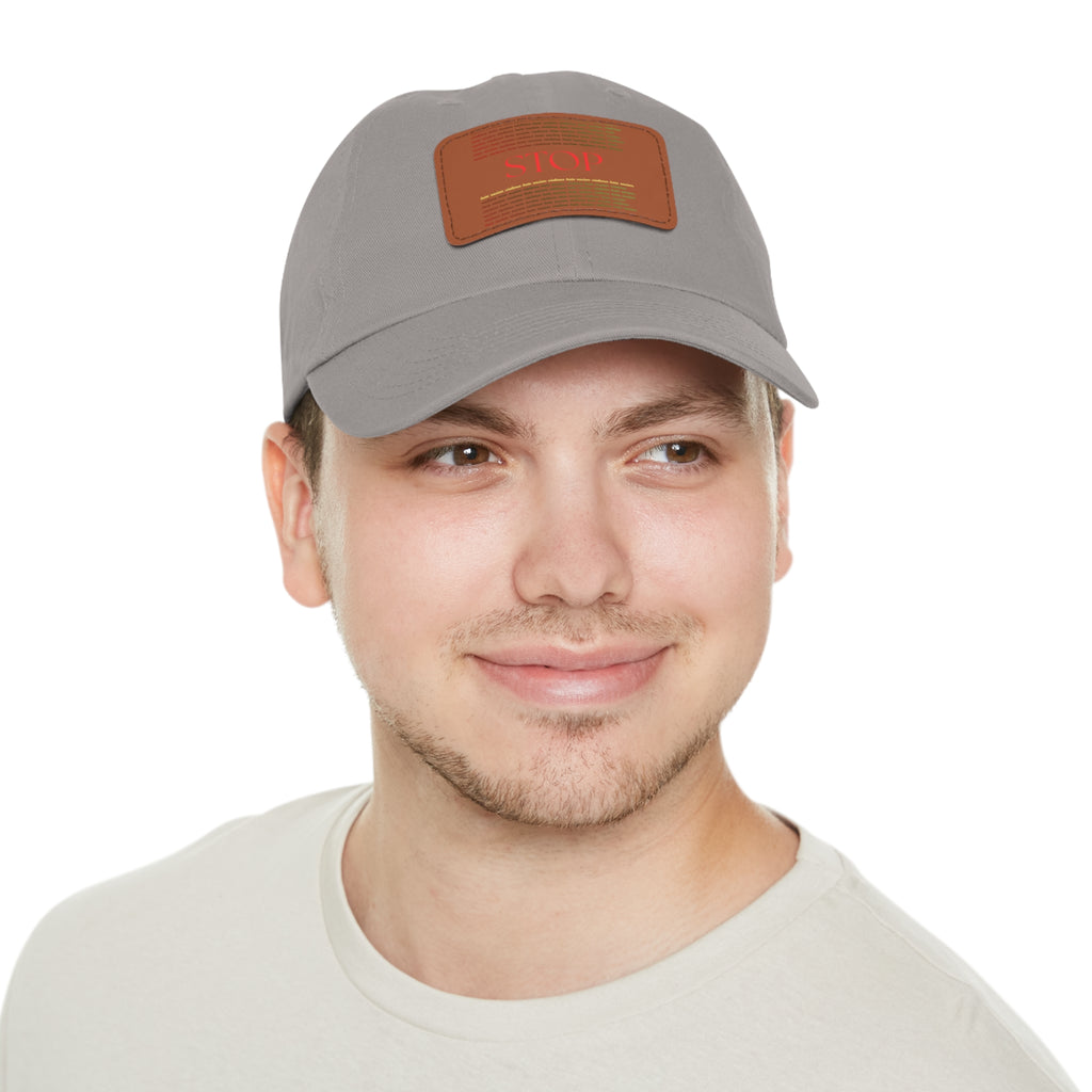 Leather Patch Dad Hat — 'STOP' Embossed Casual Baseball Cap