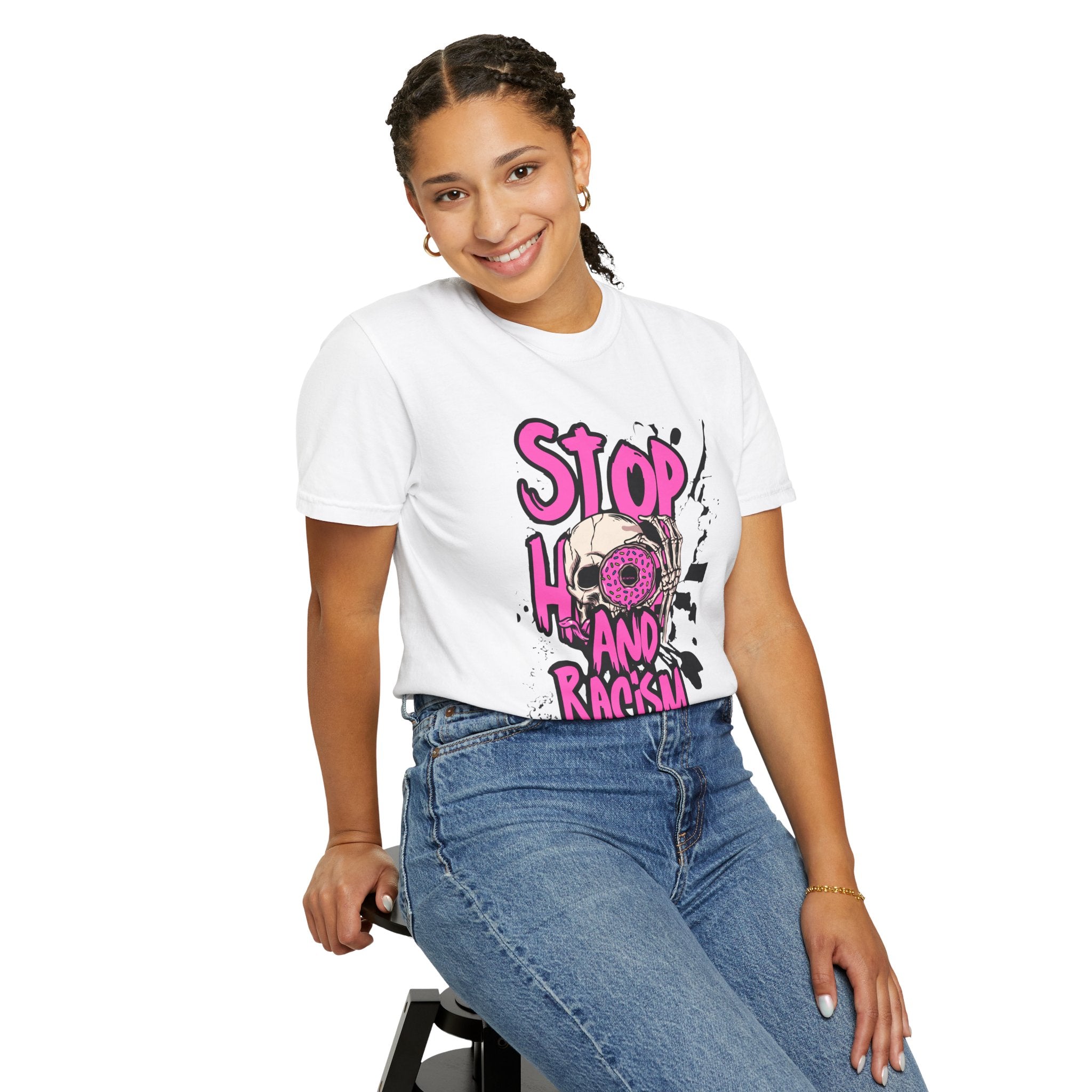 Stop H8 and Racism Graphic Tee — Anti-Racism Skull Donut Protest T-Shirt