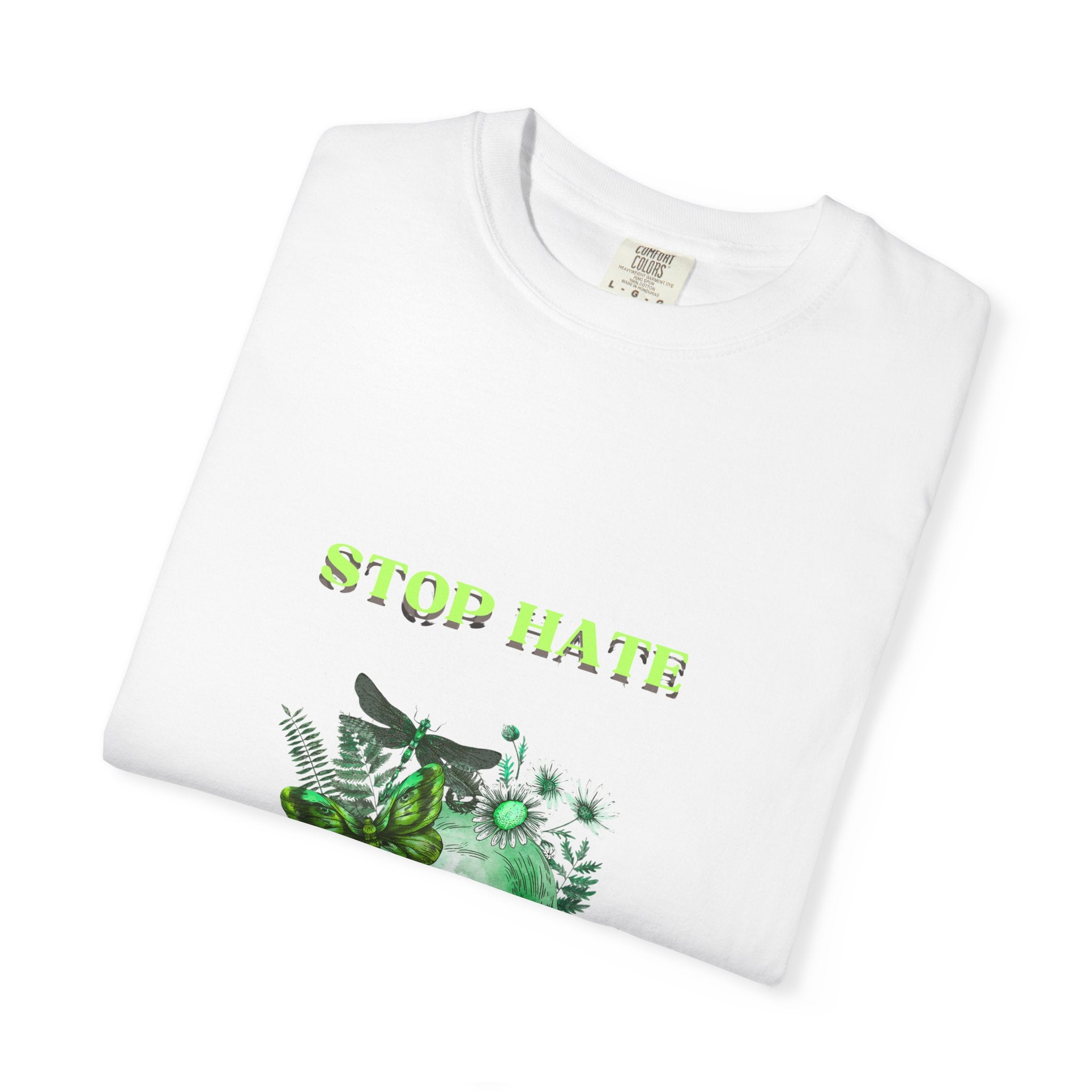 Stop Hate Skull T-Shirt — Green Floral Skull Graphic Tee
