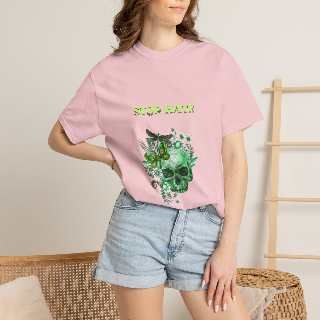 Stop Hate Skull T-Shirt — Green Floral Skull Graphic Tee
