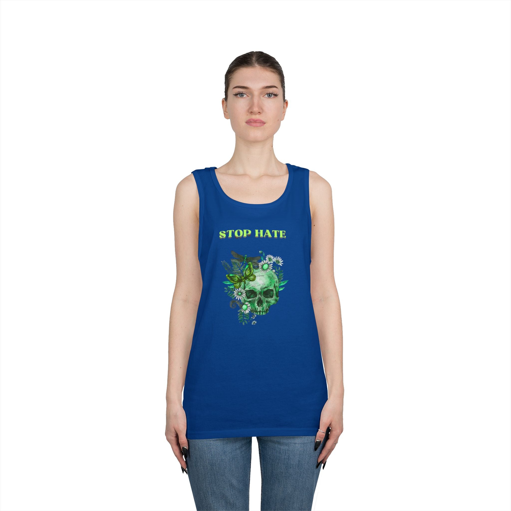 Stop Hate Skull Tank — Green Floral Skull Tank Top