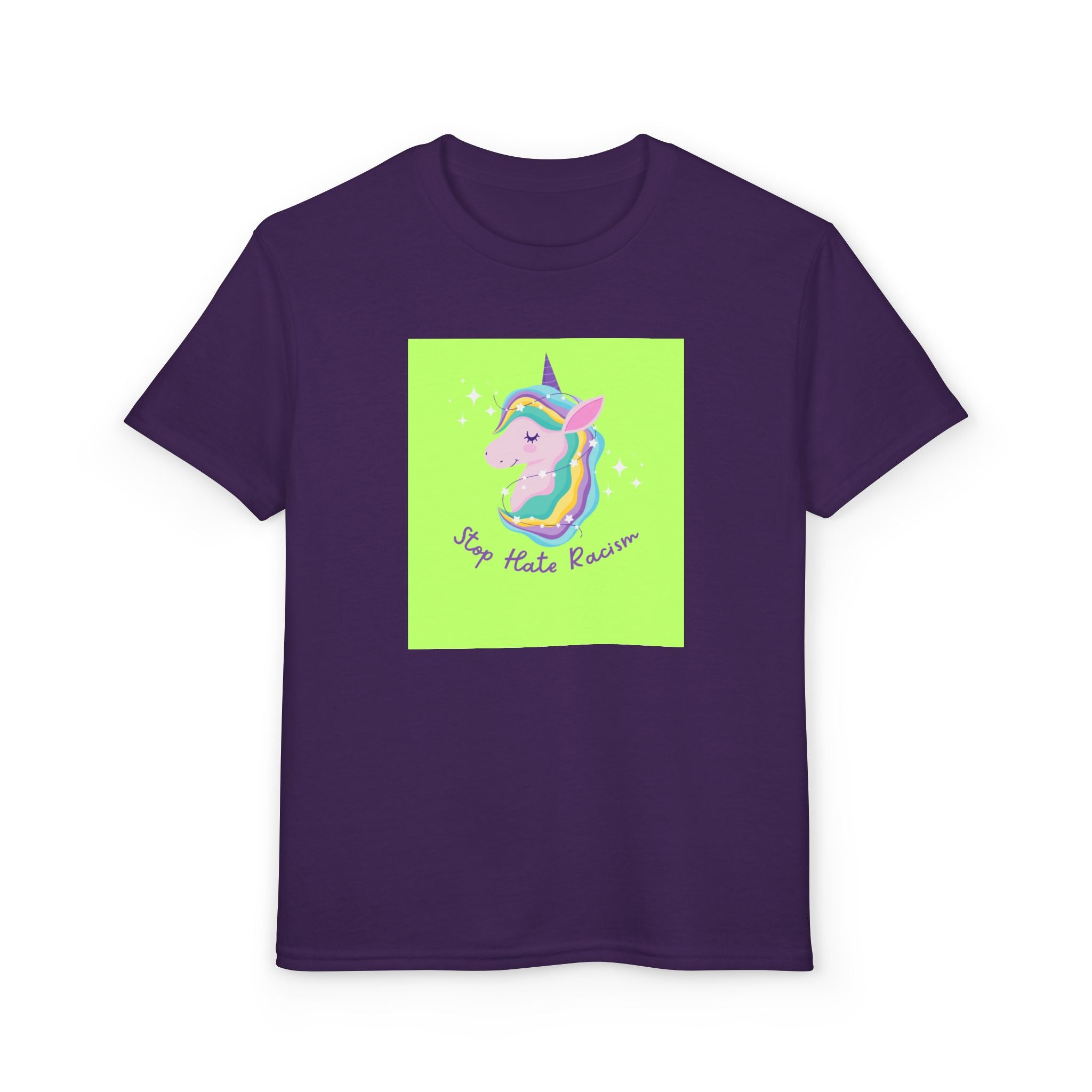 Youth T-Shirt — Rainbow Unicorn “Stop Hate Racism” Graphic