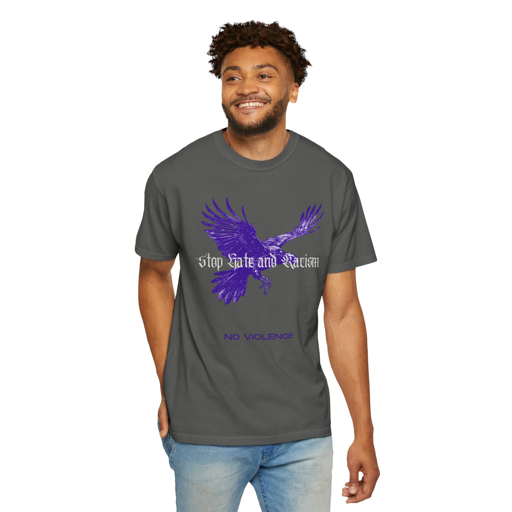 No Violence Raven T-Shirt — Purple Flying Crow Graphic Tee