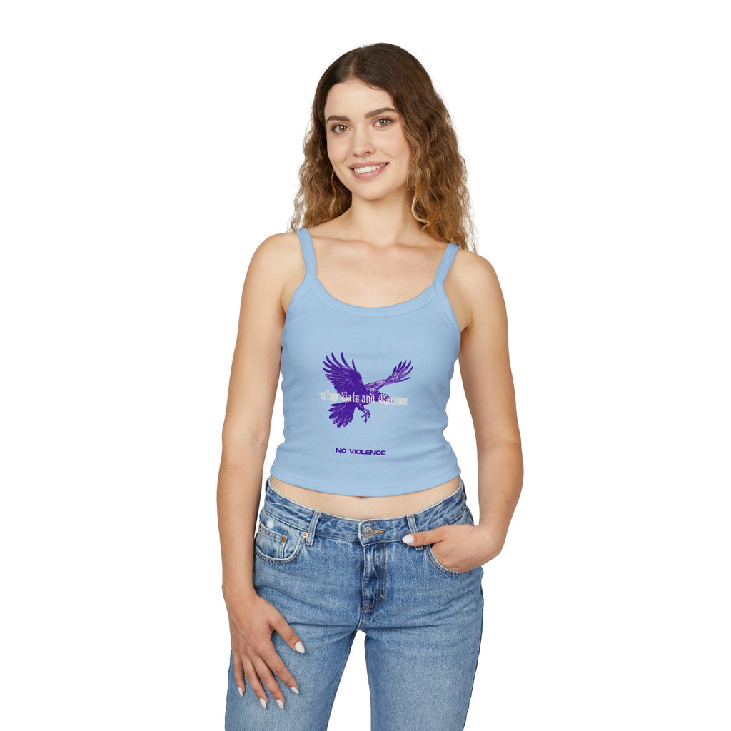 Eagle No Violence Crop Tank Top — Women's Purple Flying Eagle Graphic