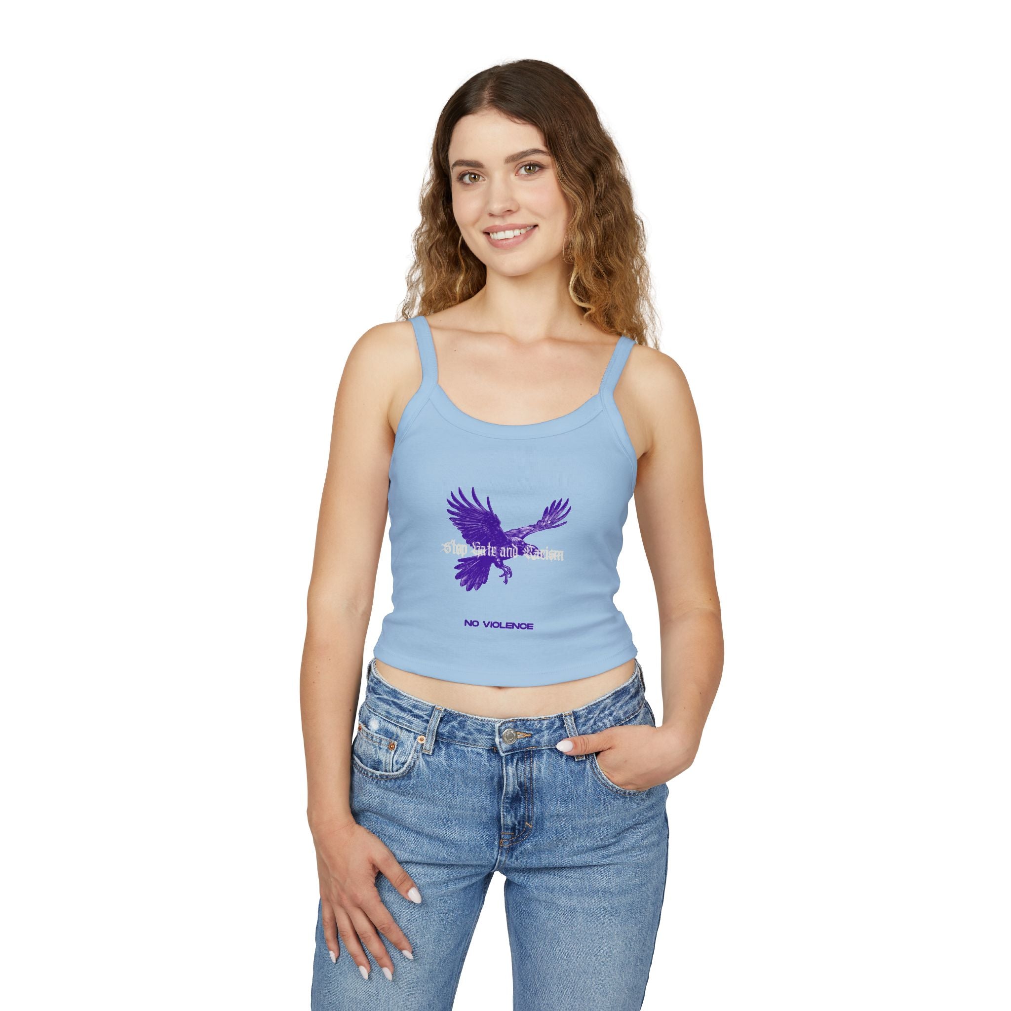 Eagle No Violence Crop Tank Top — Women's Purple Flying Eagle Graphic