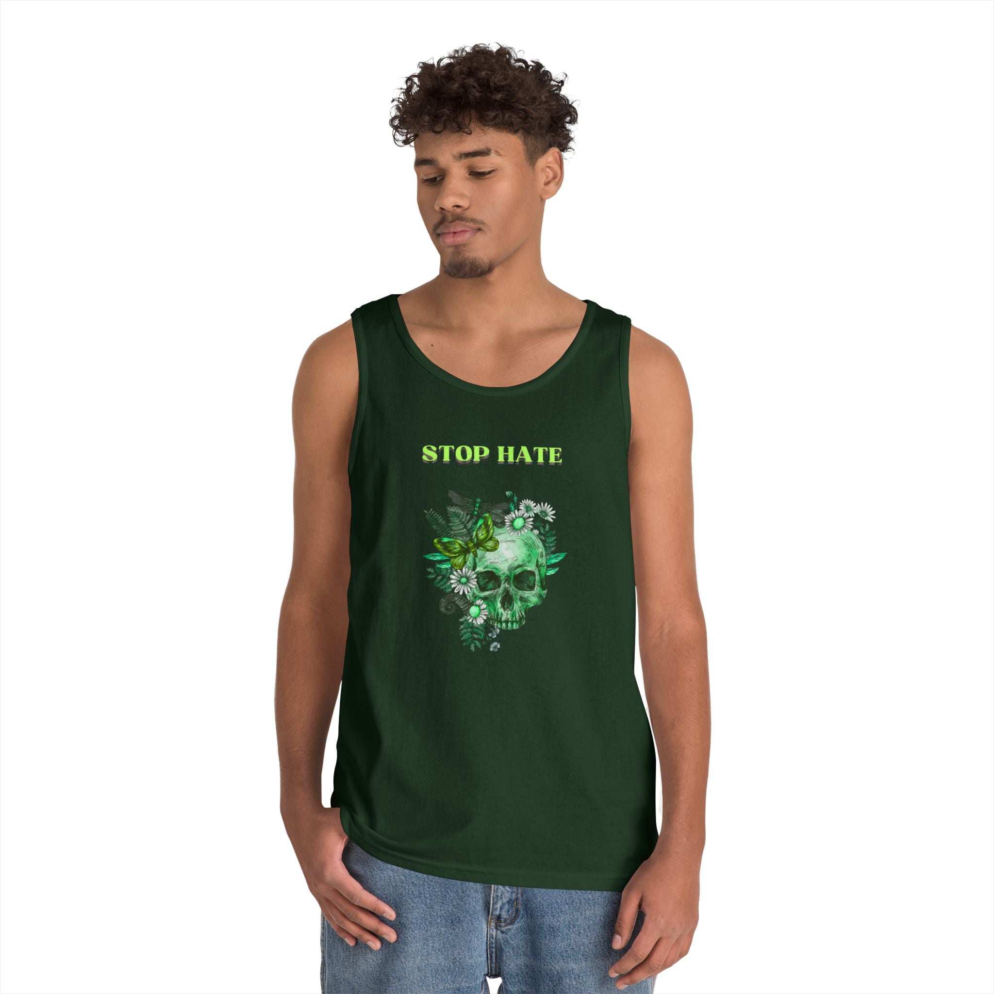 Stop Hate Skull Tank — Green Floral Skull Tank Top