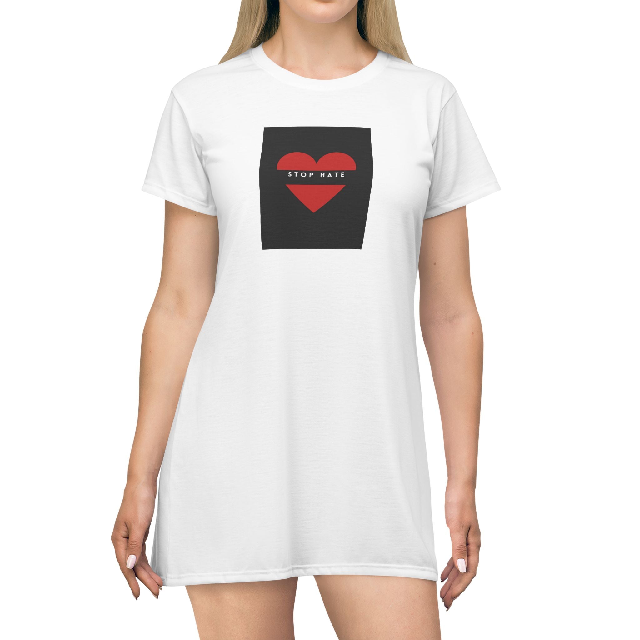 Heart Graphic T‑Shirt Dress – Red Heart "Stay With" Design