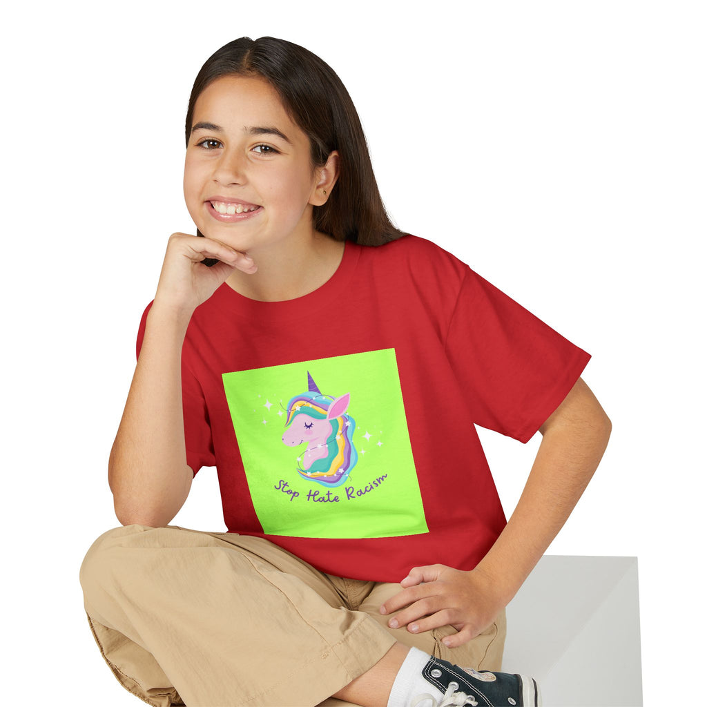Youth T-Shirt — Rainbow Unicorn “Stop Hate Racism” Graphic