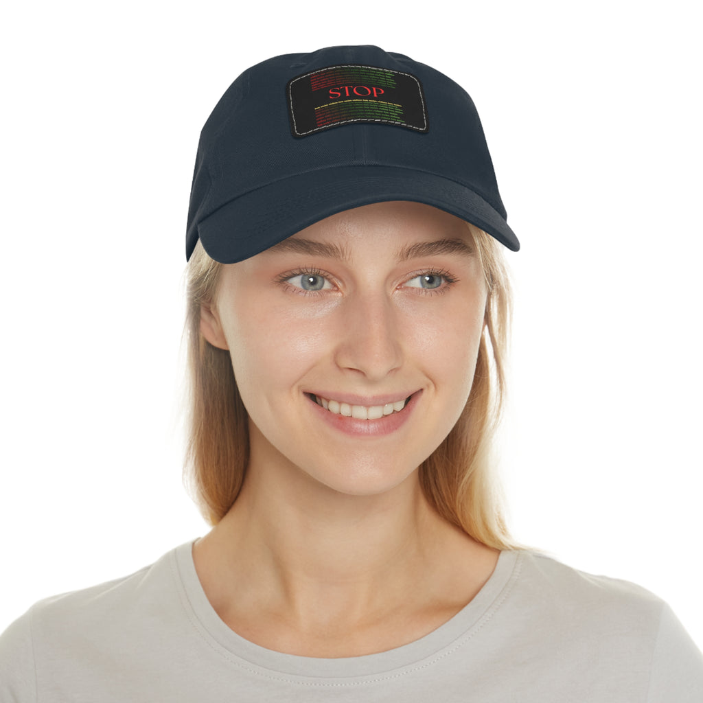 Leather Patch Dad Hat — 'STOP' Embossed Casual Baseball Cap