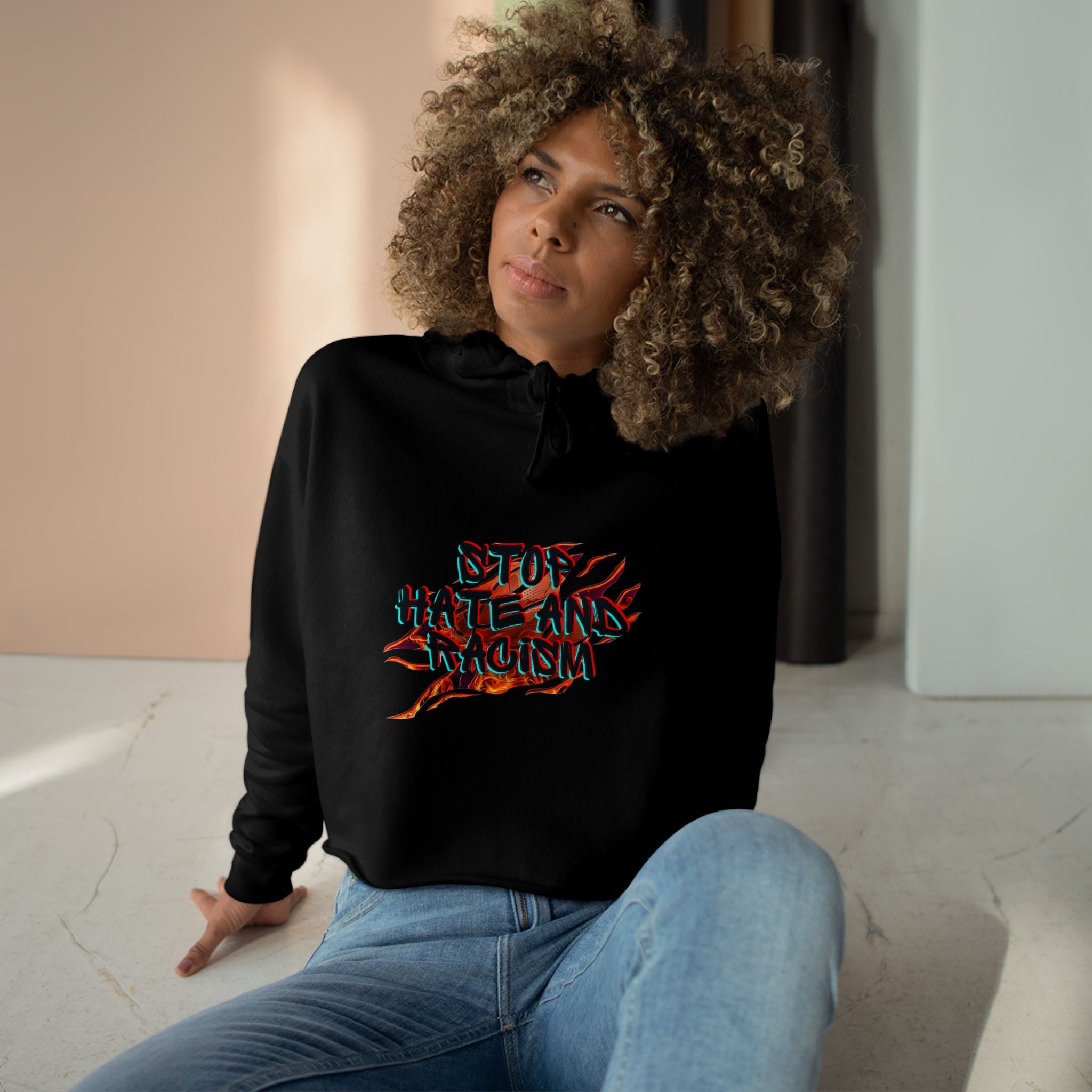 Crop Hoodie — “Stop Hating, Start Living” Flame Graphic Cropped Hoodie
