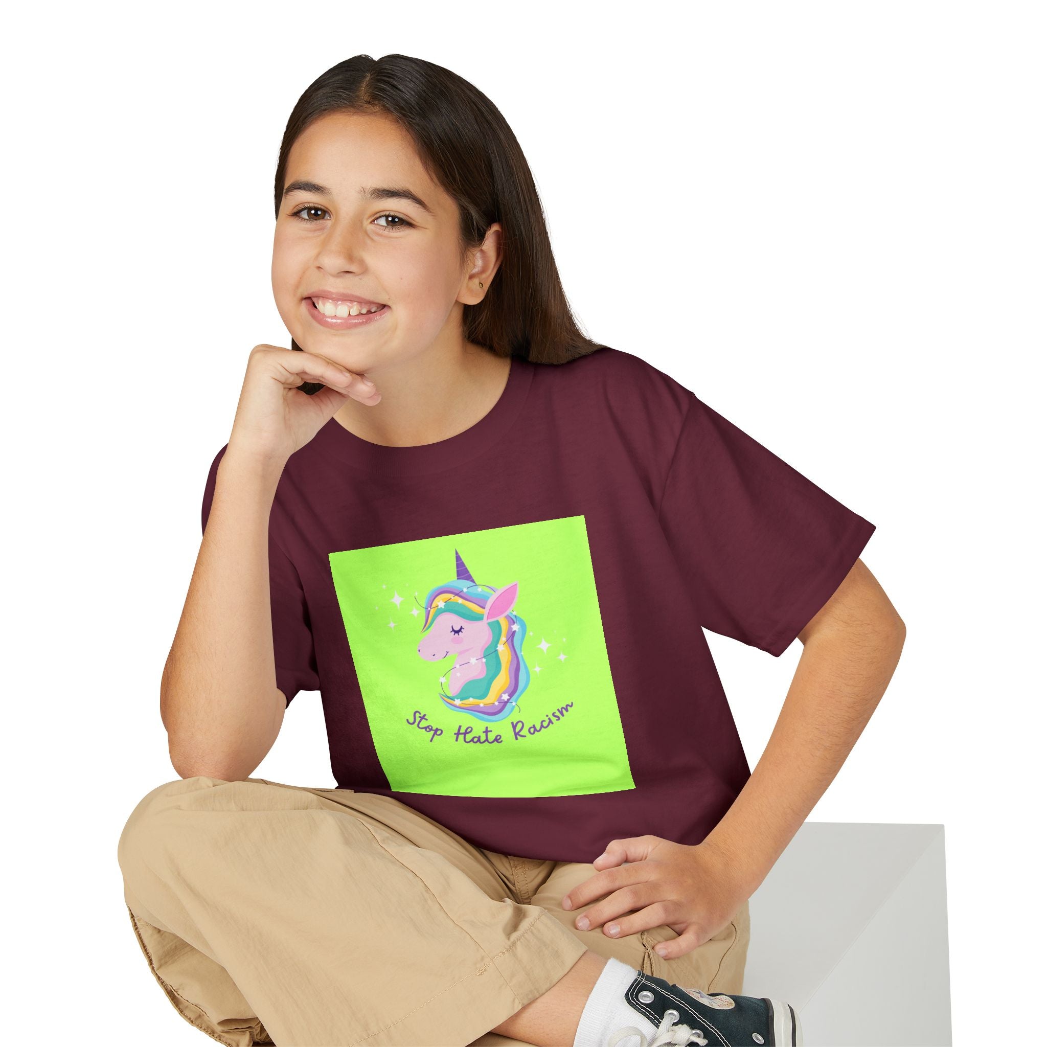 Youth T-Shirt — Rainbow Unicorn “Stop Hate Racism” Graphic