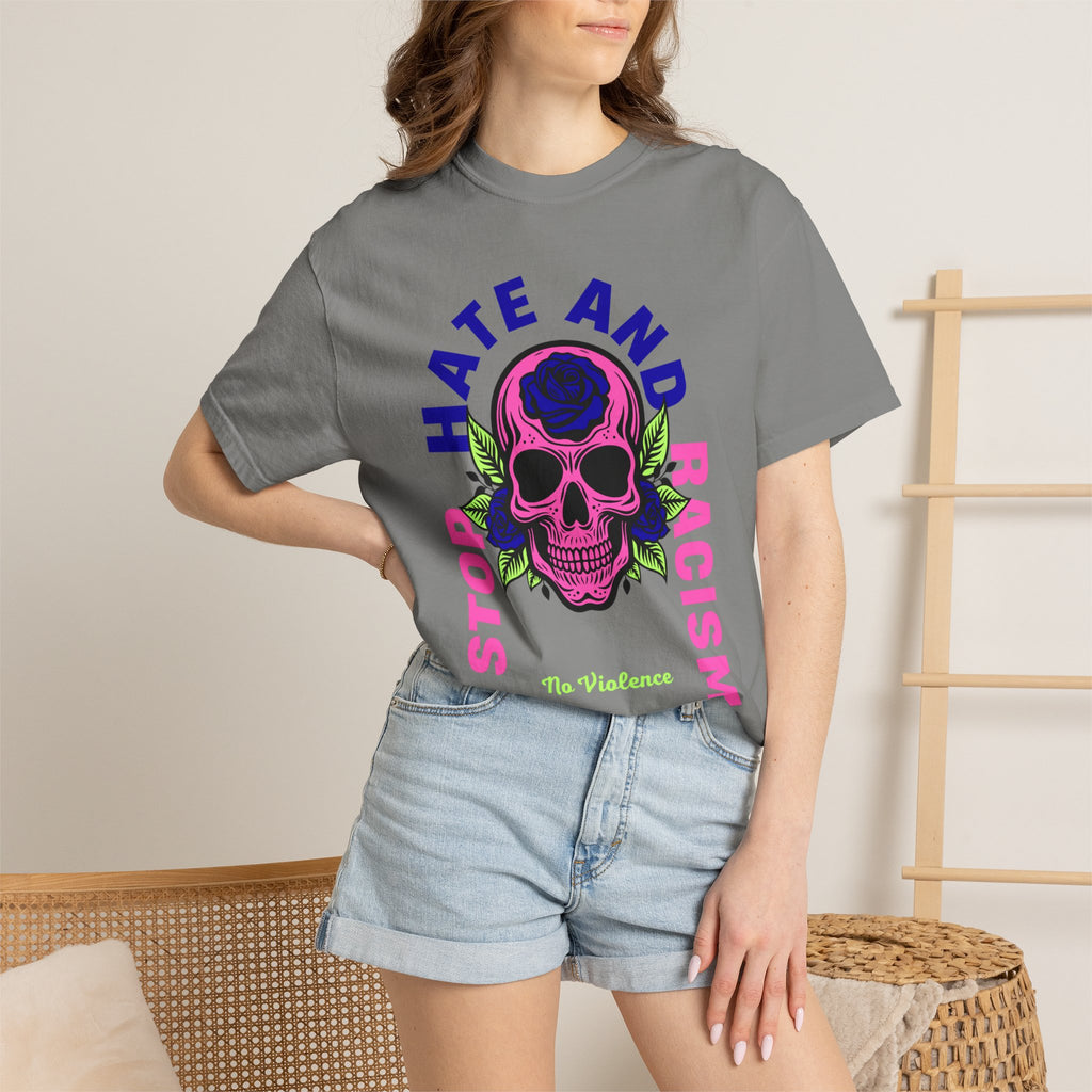 Stop Hate and Racism Skull T-Shirt — Anti-Racism Statement Tee