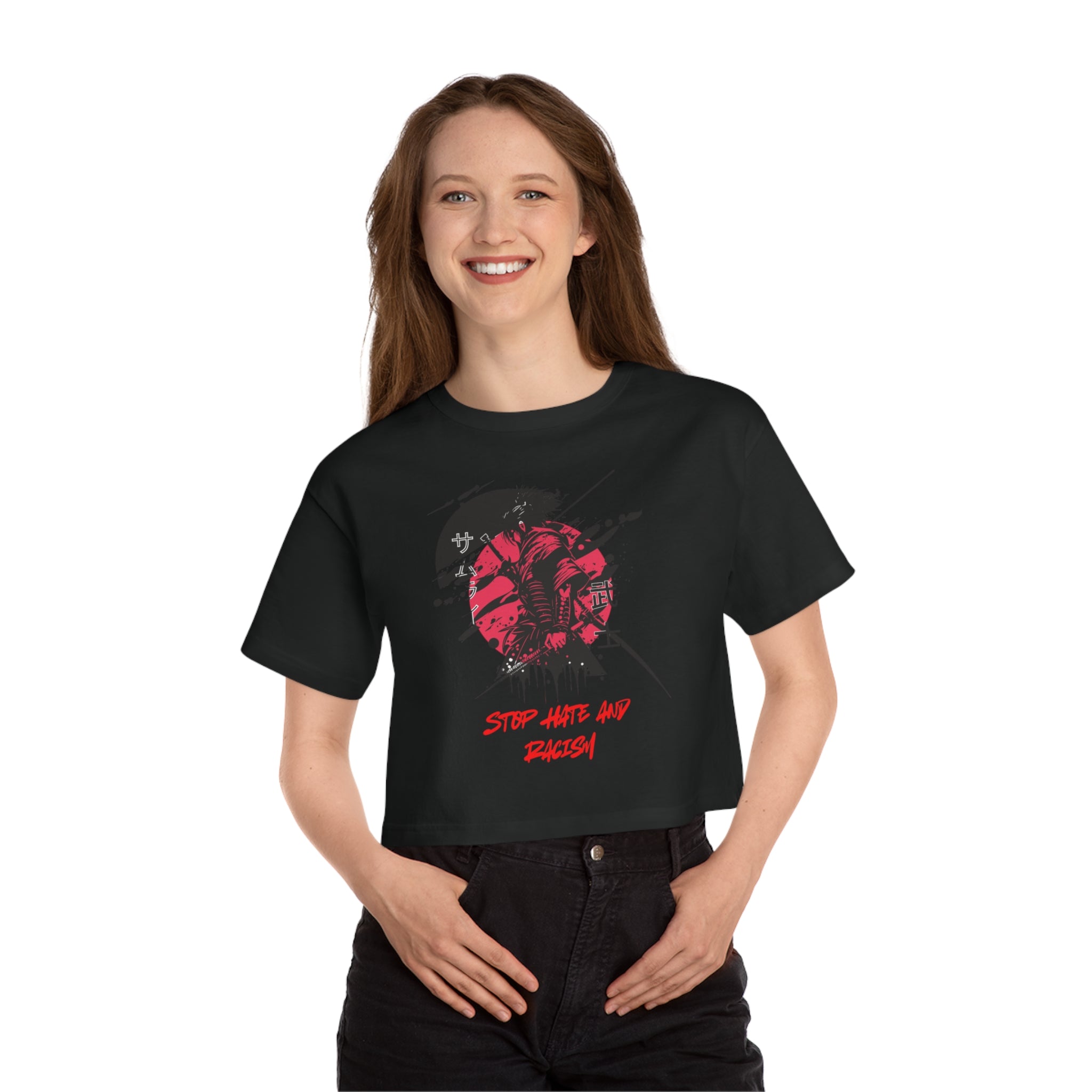 Cropped T-Shirt — "Stop Hate And Racism" Samurai Graphic