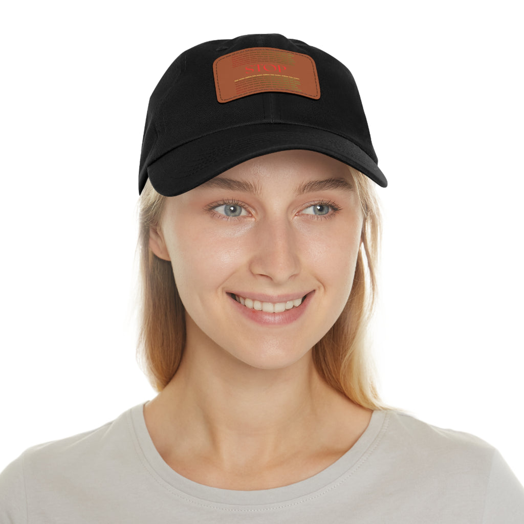 Leather Patch Dad Hat — 'STOP' Embossed Casual Baseball Cap