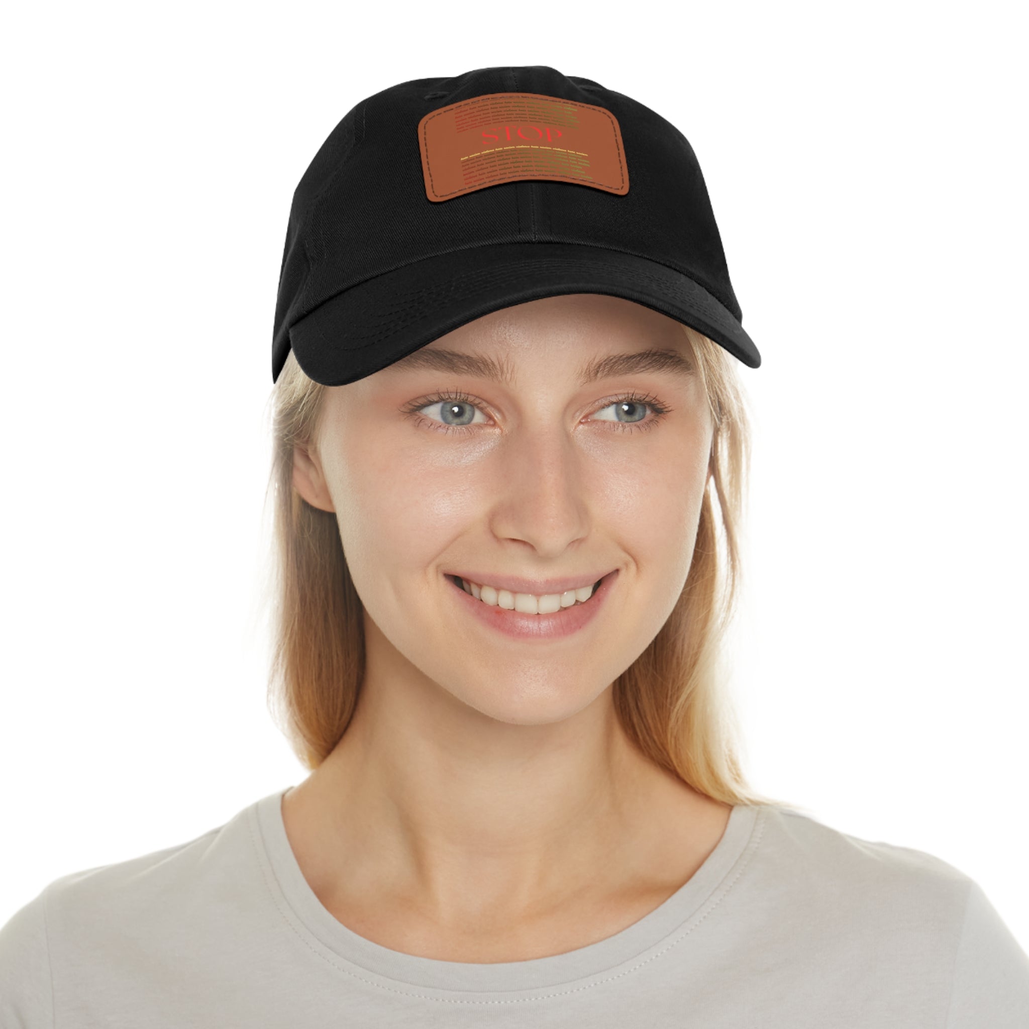 Leather Patch Dad Hat — 'STOP' Embossed Casual Baseball Cap