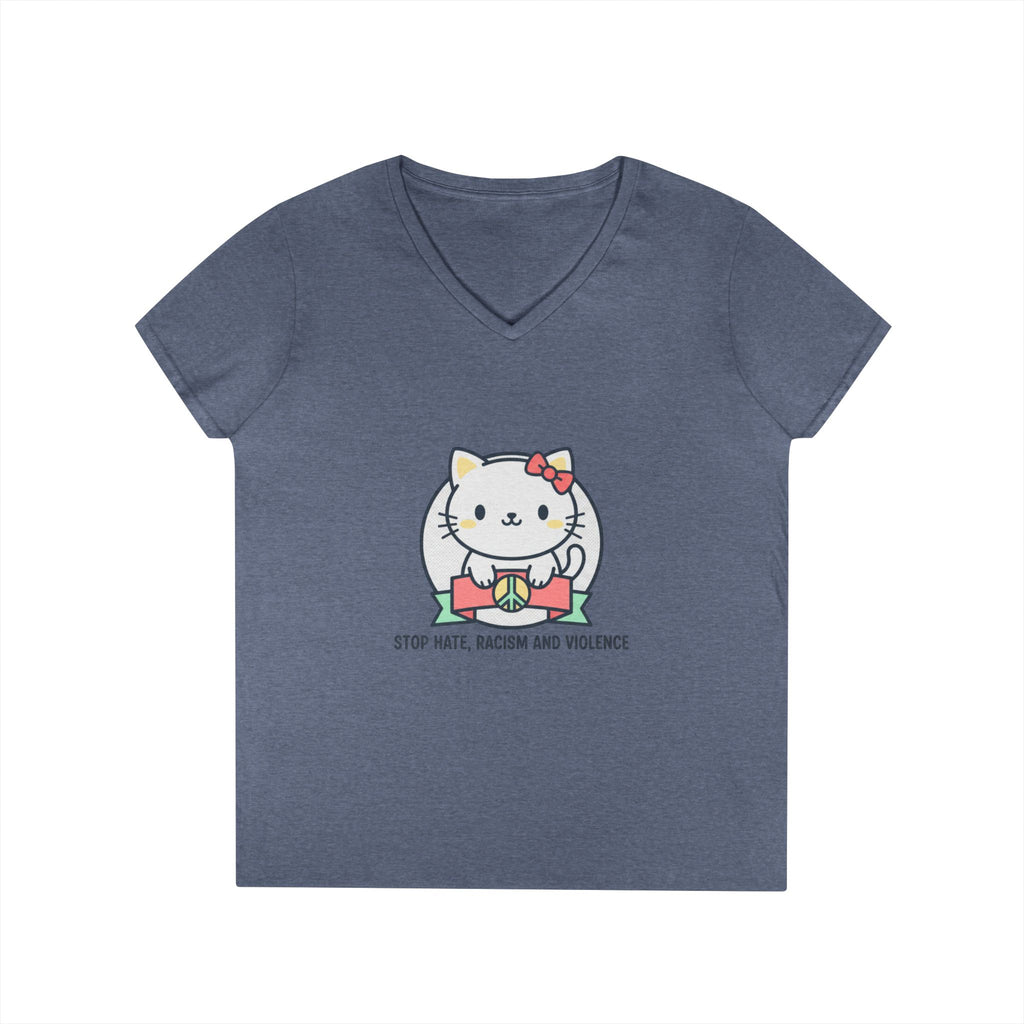Stop Hate Kitty V-Neck Tee — Cute Anti-Racism Message Shirt