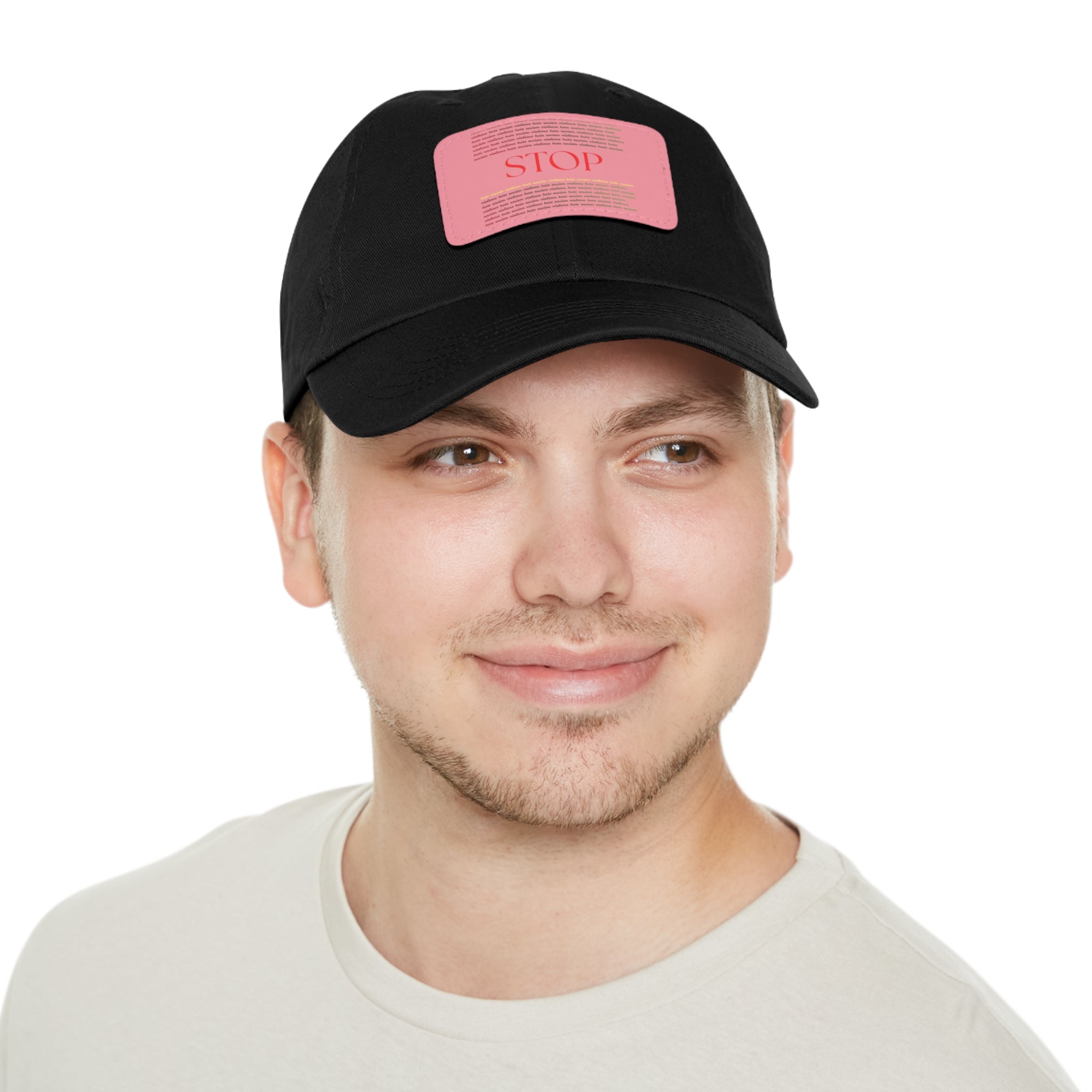 Leather Patch Dad Hat — 'STOP' Embossed Casual Baseball Cap