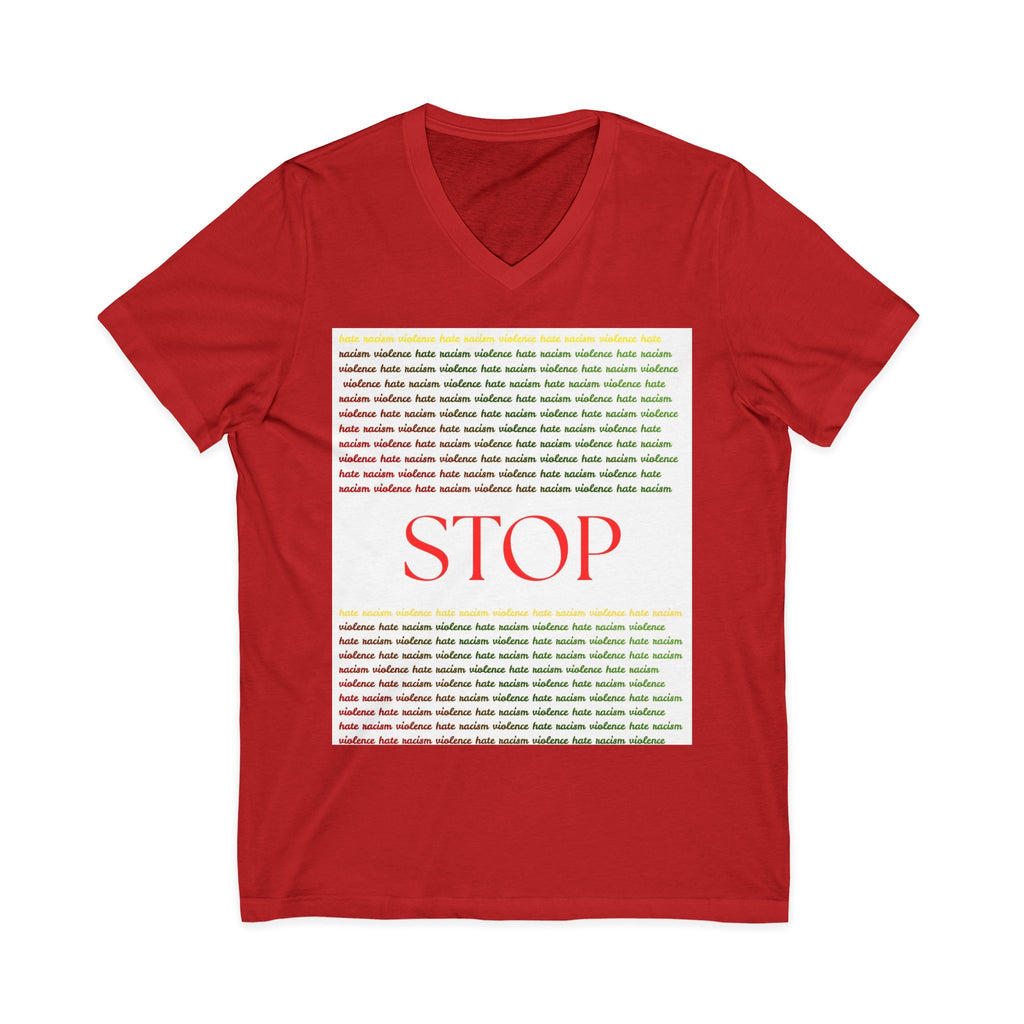 STOP Graphic V-Neck Tee — Bold Typographic Statement Shirt