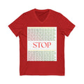 STOP Graphic V-Neck Tee — Bold Typographic Statement Shirt