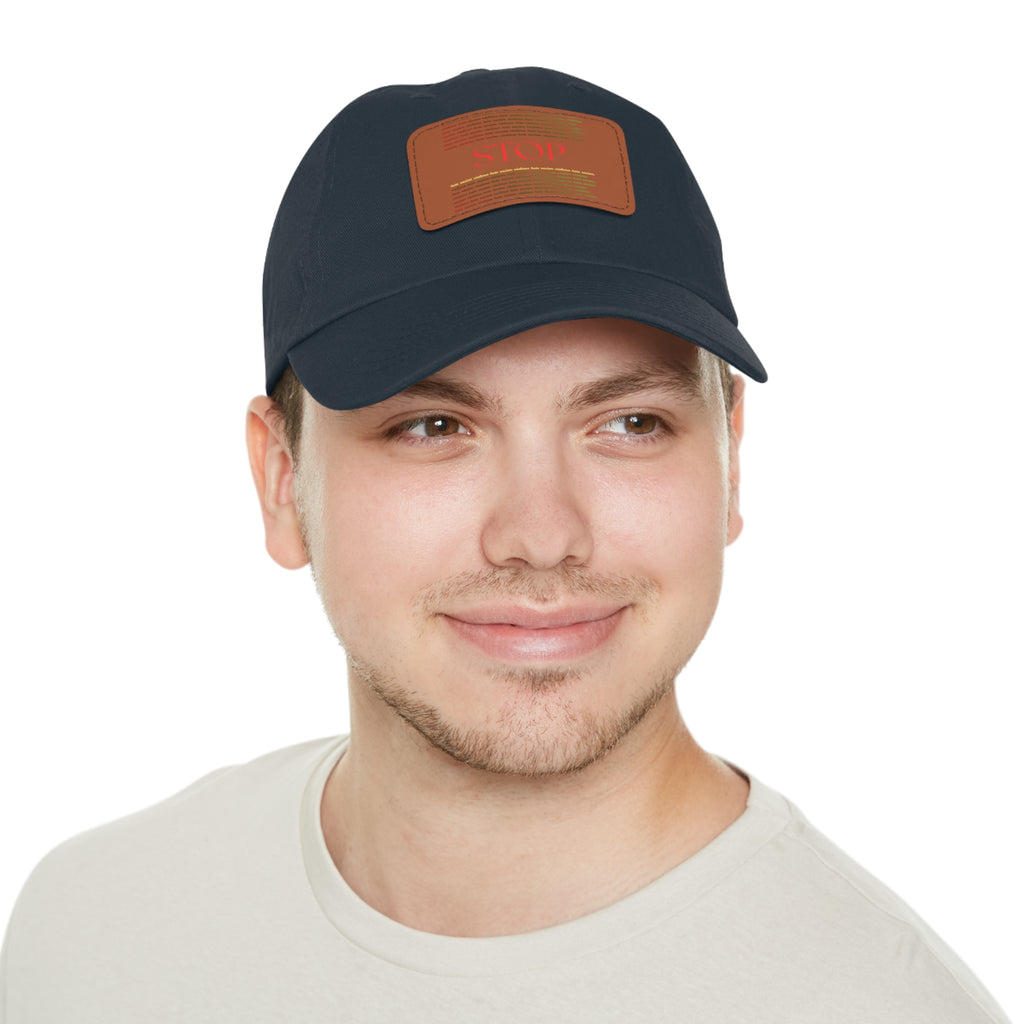 Leather Patch Dad Hat — 'STOP' Embossed Casual Baseball Cap