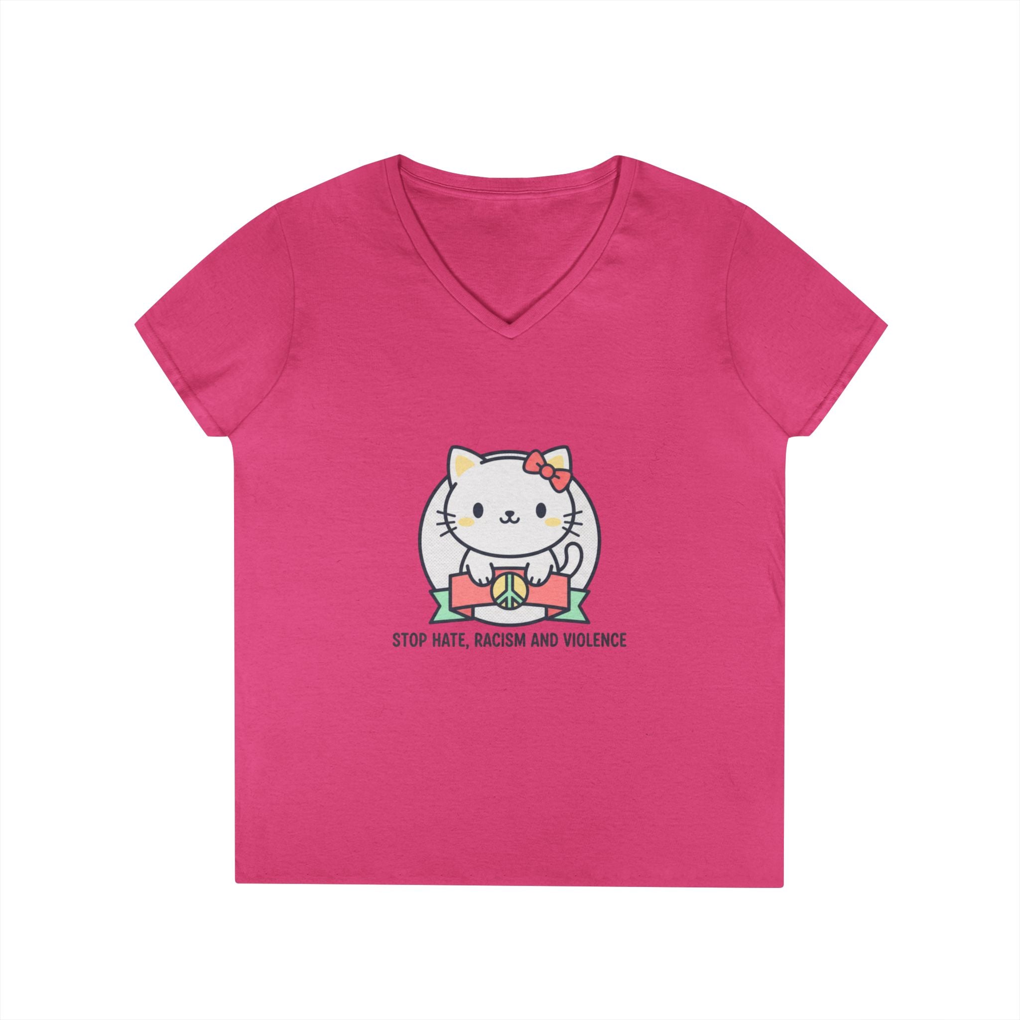 Stop Hate Kitty V-Neck Tee — Cute Anti-Racism Message Shirt