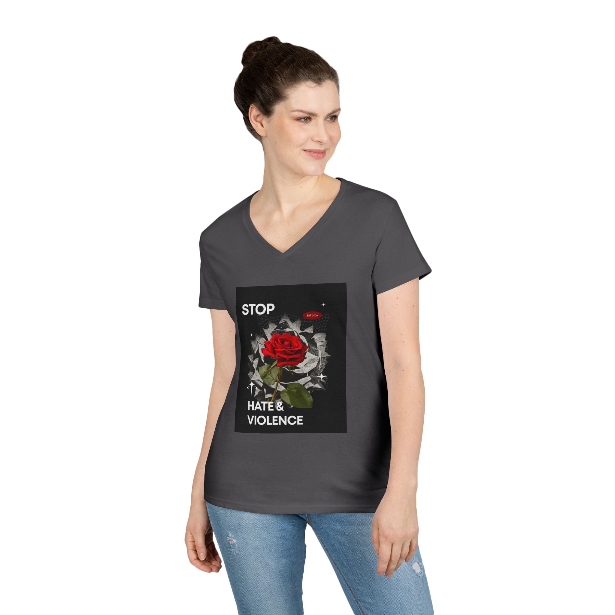 Stop Hate & Violence Women's V-Neck T-Shirt — Red Rose Peace Graphic Tee