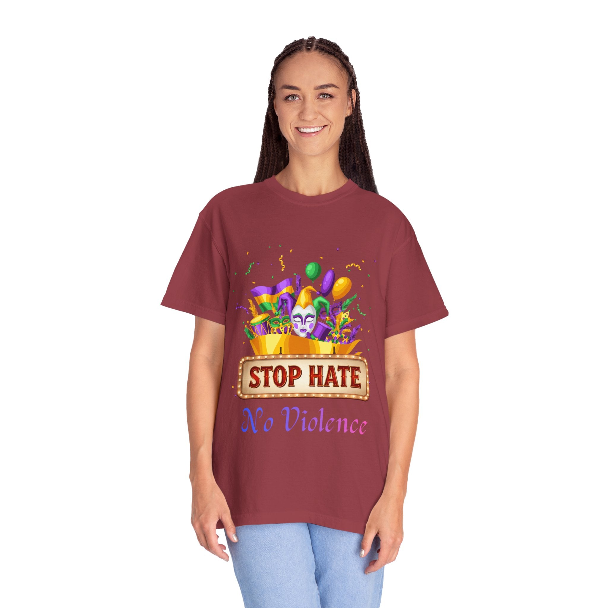 T-Shirt — "Stop Hate, No Violence" Mardi Gras Parade Design