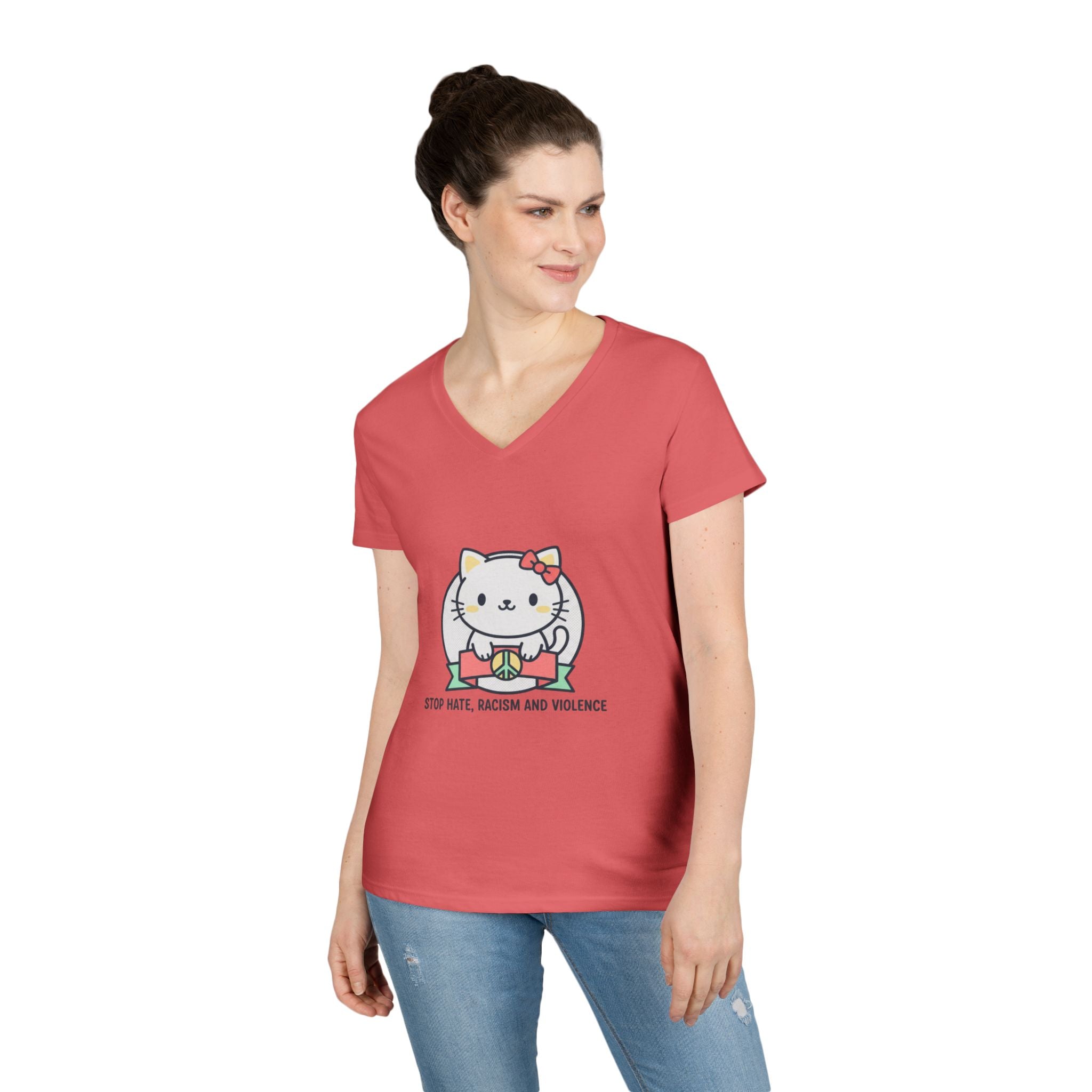 Stop Hate Kitty V-Neck Tee — Cute Anti-Racism Message Shirt