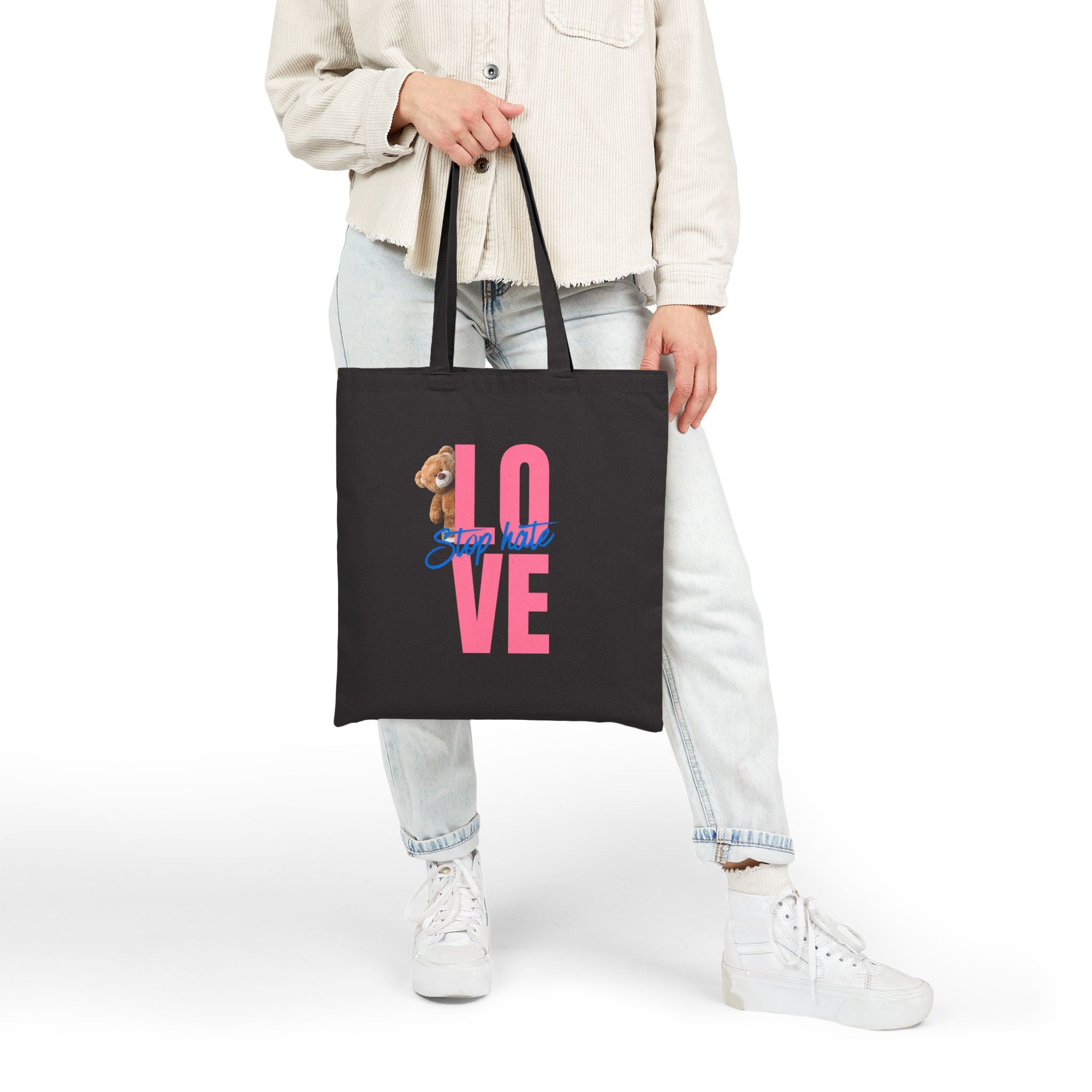 Love Tote Bag — Pink "LOVE" Design with Teddy & "Stop Hatin'" Script