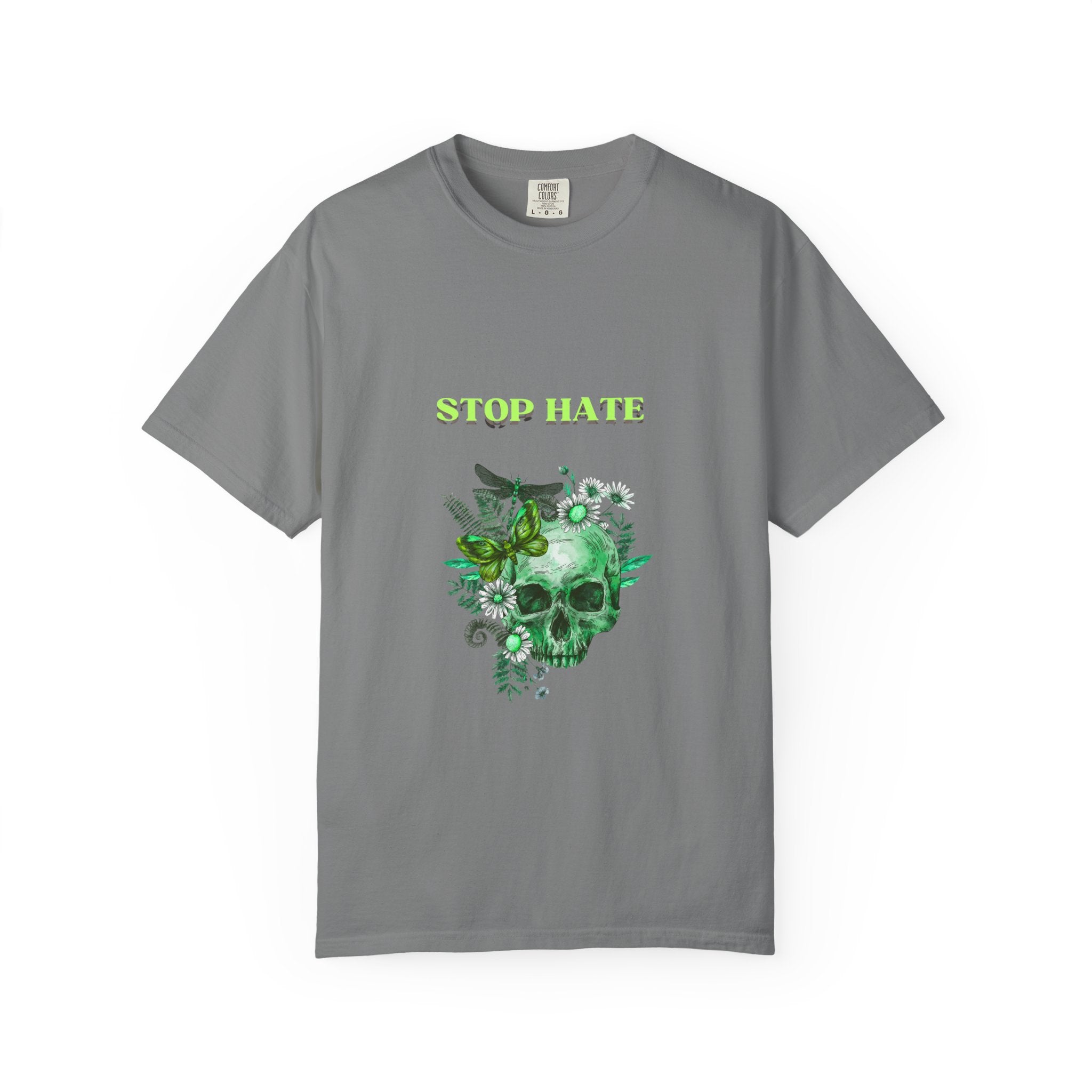 Stop Hate Skull T-Shirt — Green Floral Skull Graphic Tee