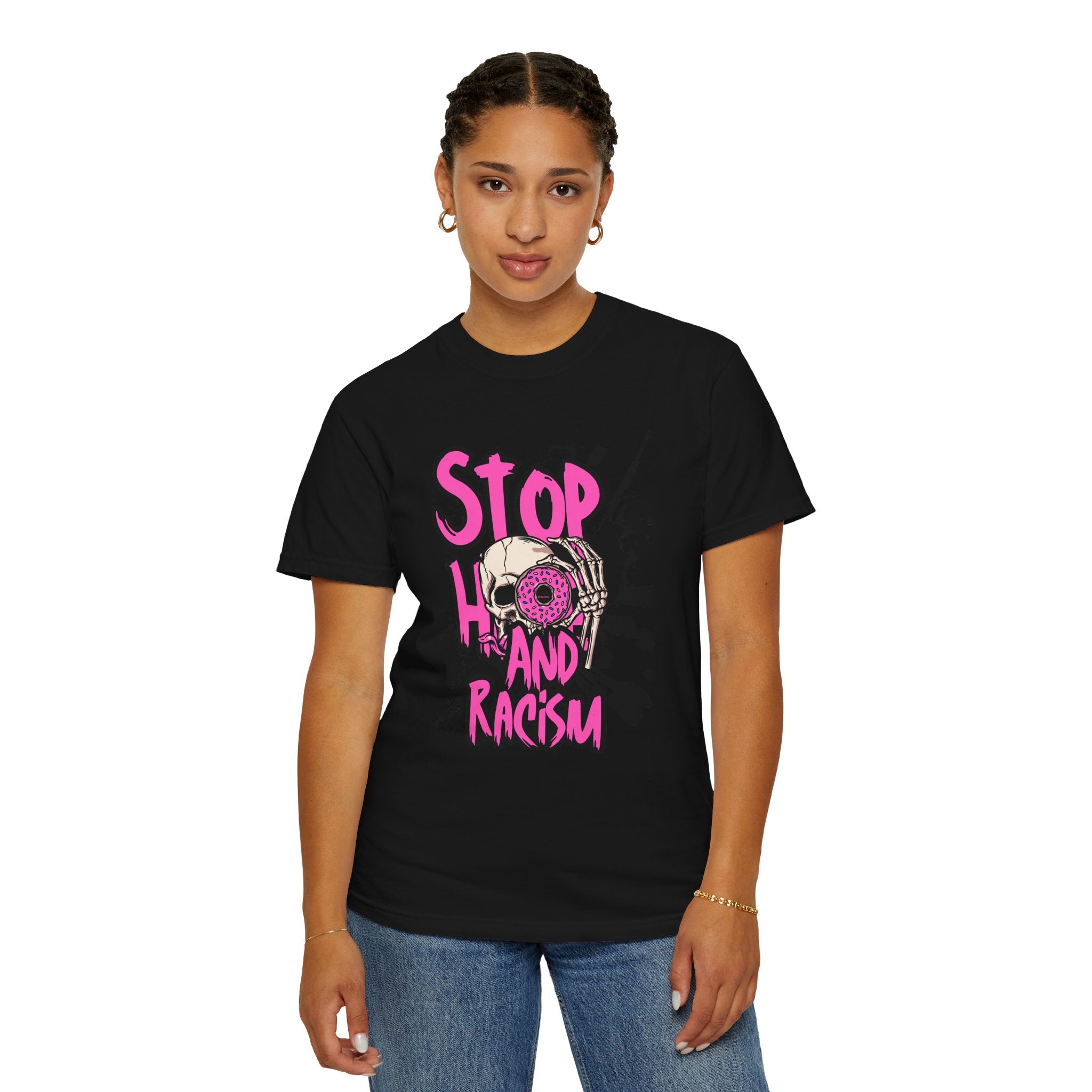 Stop H8 and Racism Graphic Tee — Anti-Racism Skull Donut Protest T-Shirt