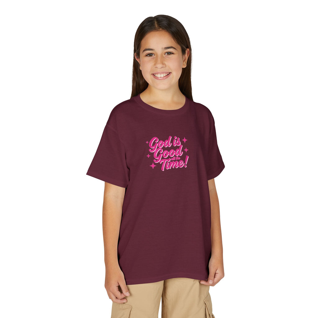 Youth T-Shirt — "God Is Good Time!" Pink Script Faith Tee