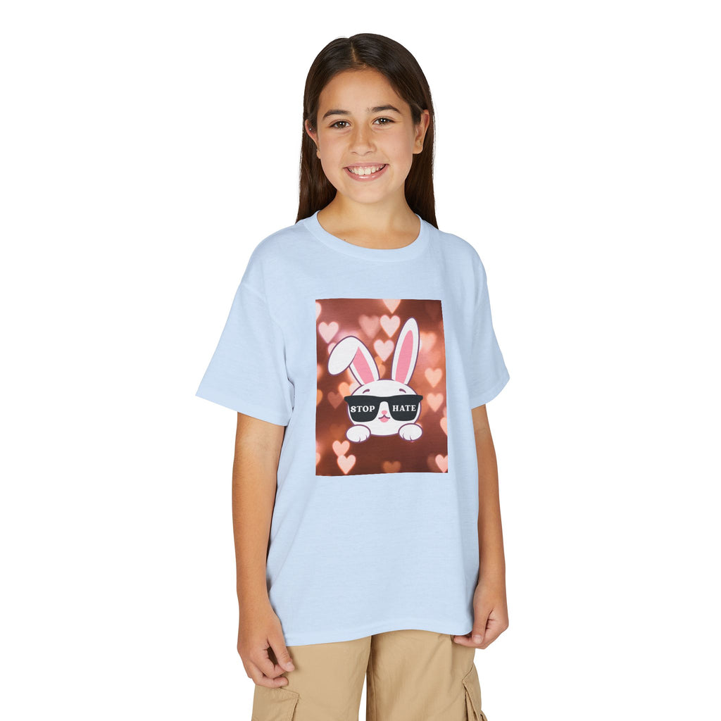 Youth T-Shirt — Cute Bunny with 'Stop the Hate' Sunglasses | Kids Anti-Bullying Tee