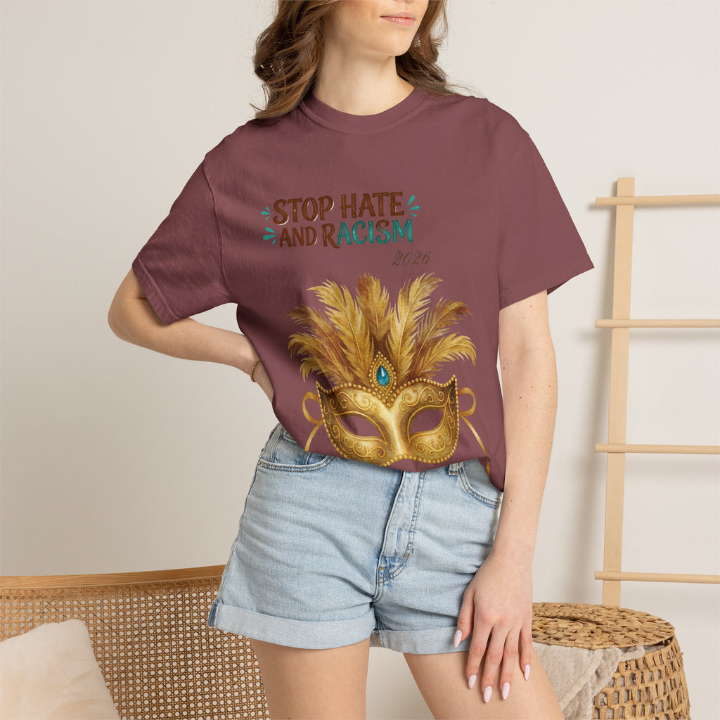 Stop Hate and Racism T-Shirt — Mardi Gras Mask Anti-Racism Tee