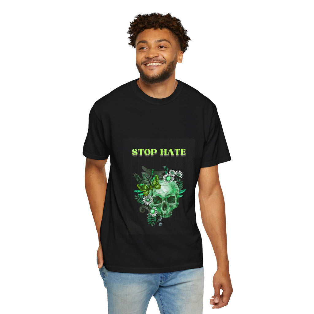 Stop Hate Skull T-Shirt — Green Floral Skull Graphic Tee