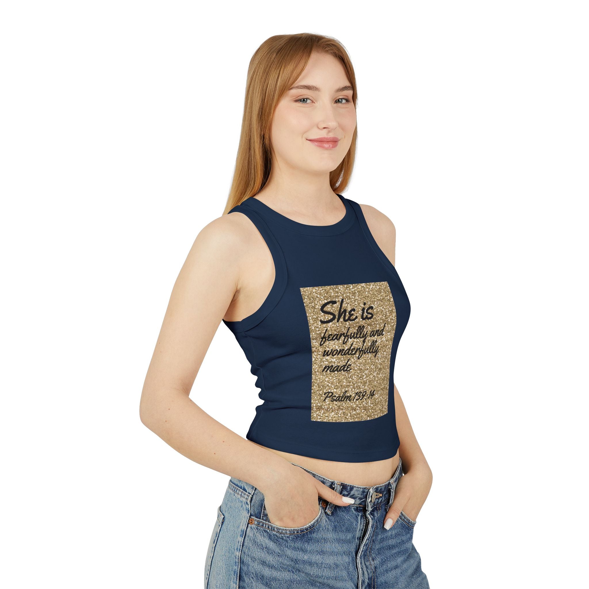 Racer Tank — "She is fearfully and wonderfully made" Gold Psalm 139:14 Inspirational Tank