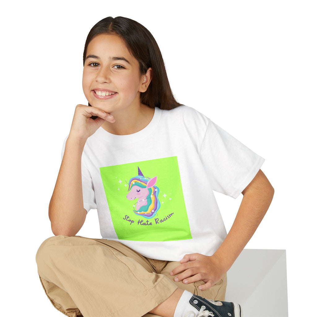 Youth T-Shirt — Rainbow Unicorn “Stop Hate Racism” Graphic