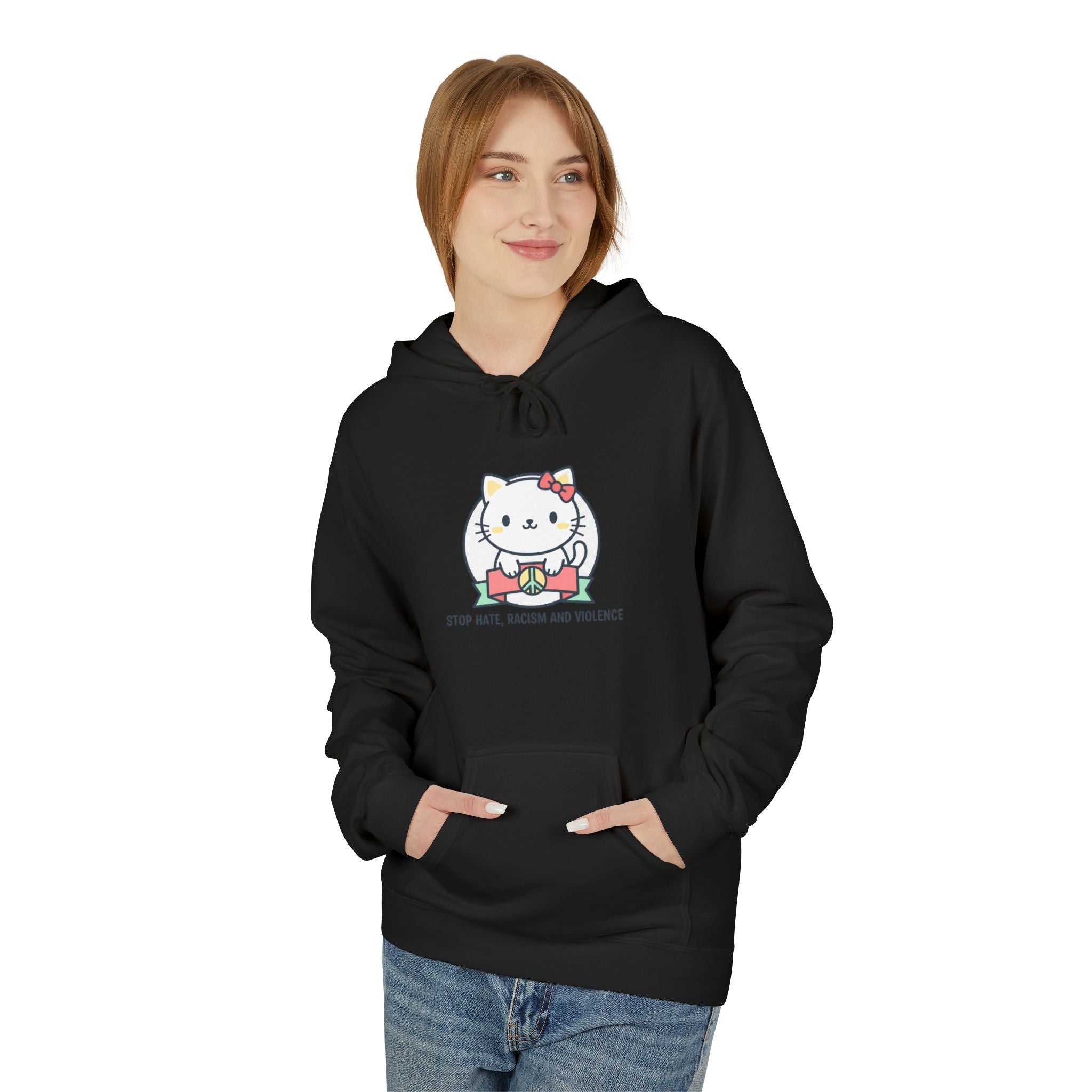 Stop Hate, Racism and Violence Cat Hoodie — Cute Anti-Racism Graphic Hoodie