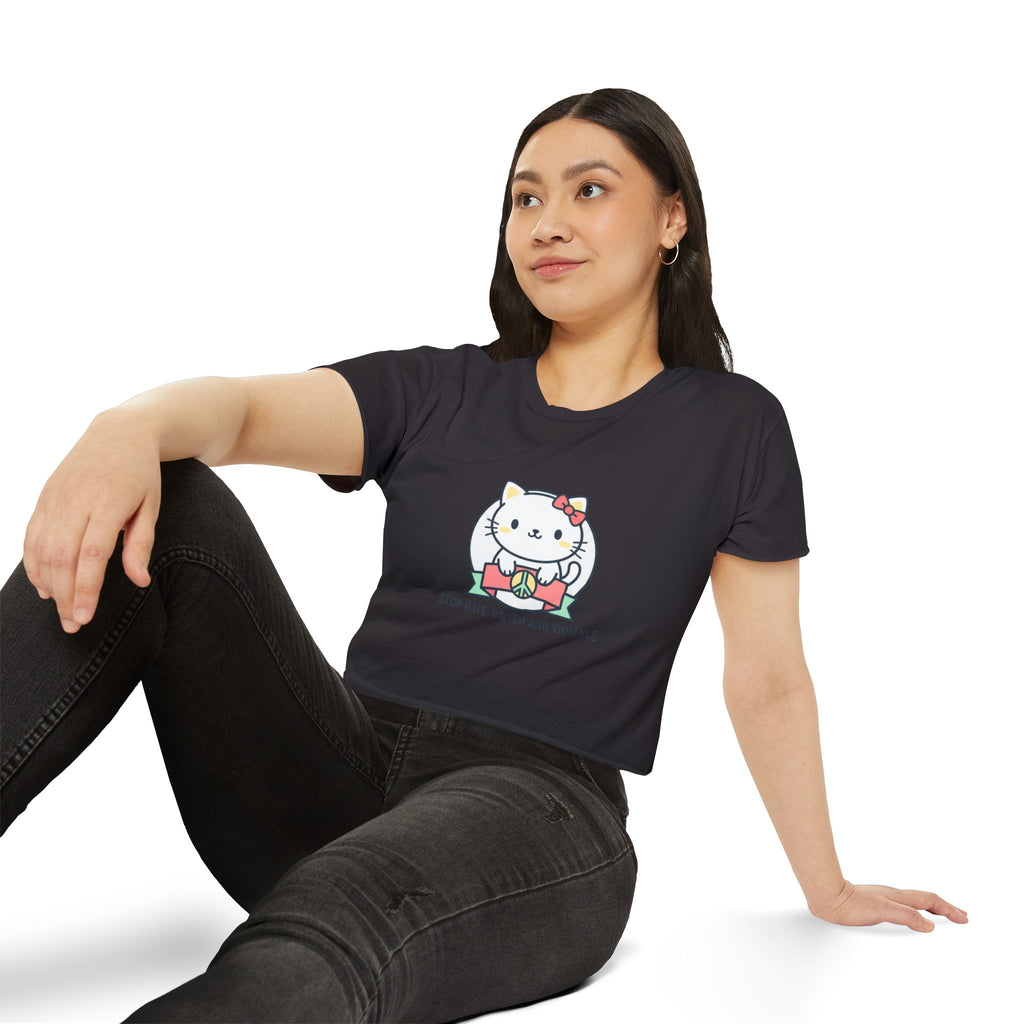 Cute Cat Crop Top — "Stop Hate, Racism and Violence" Festival Tee