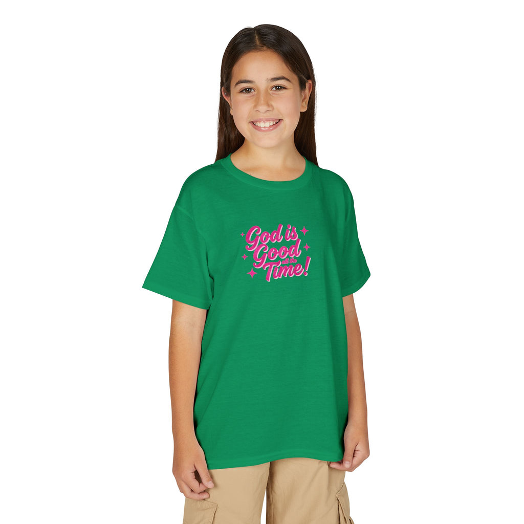 Youth T-Shirt — "God Is Good Time!" Pink Script Faith Tee